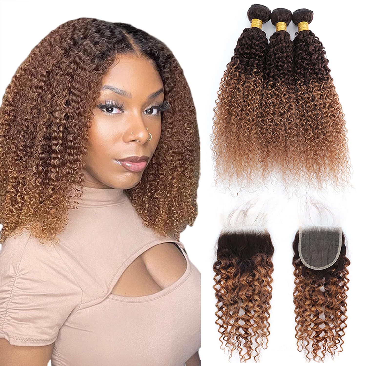 Brazilian Virgin Human Hair Bundles with 4x4 Lace Closure - 3 Bundles T4/30 Ombre Kinky Curly Weave (20 22 24+18 Inch) - Perfect for Natural Hairstyles, Parties & Daily Wear