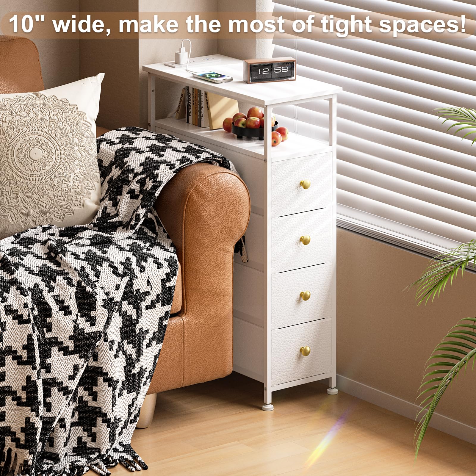 Slim White Dresser with Charging Station - 4 Fabric Drawers, Space-Saving Steel Frame Chest for Small Spaces - Perfect for Bedroom, Bathroom, Living Room & Laundry Organization (White)