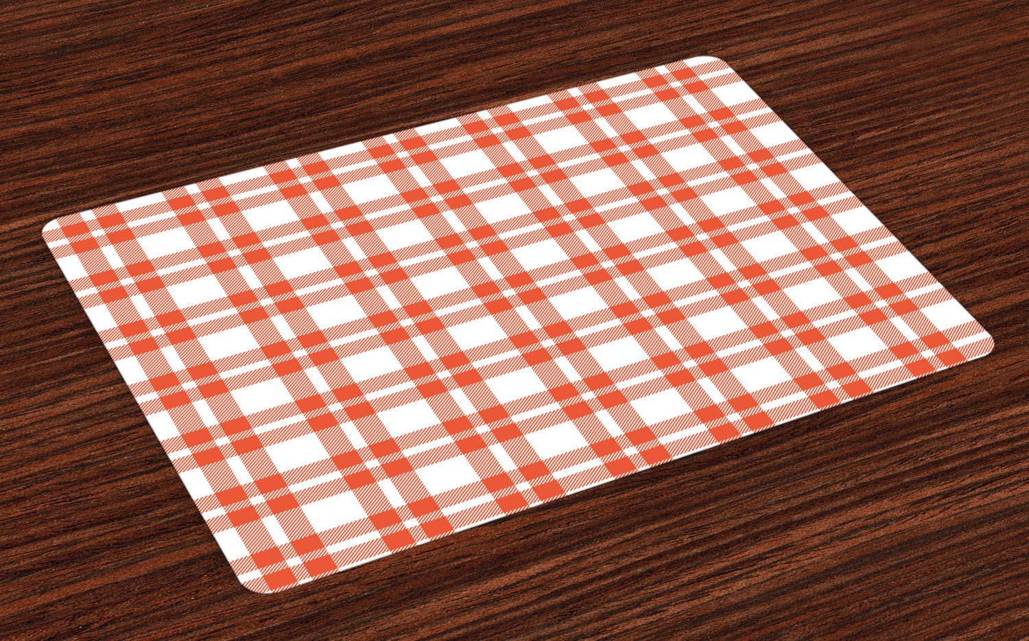 Ambesonne 4-Piece Plaid Placemats Set - Retro Modern Checkered & Striped Abstract Design - Washable Fabric Table Mats for Dining Room & Kitchen Decor (Orange/White) - Perfect for Holiday Dinners, Brunch & Everyday Use