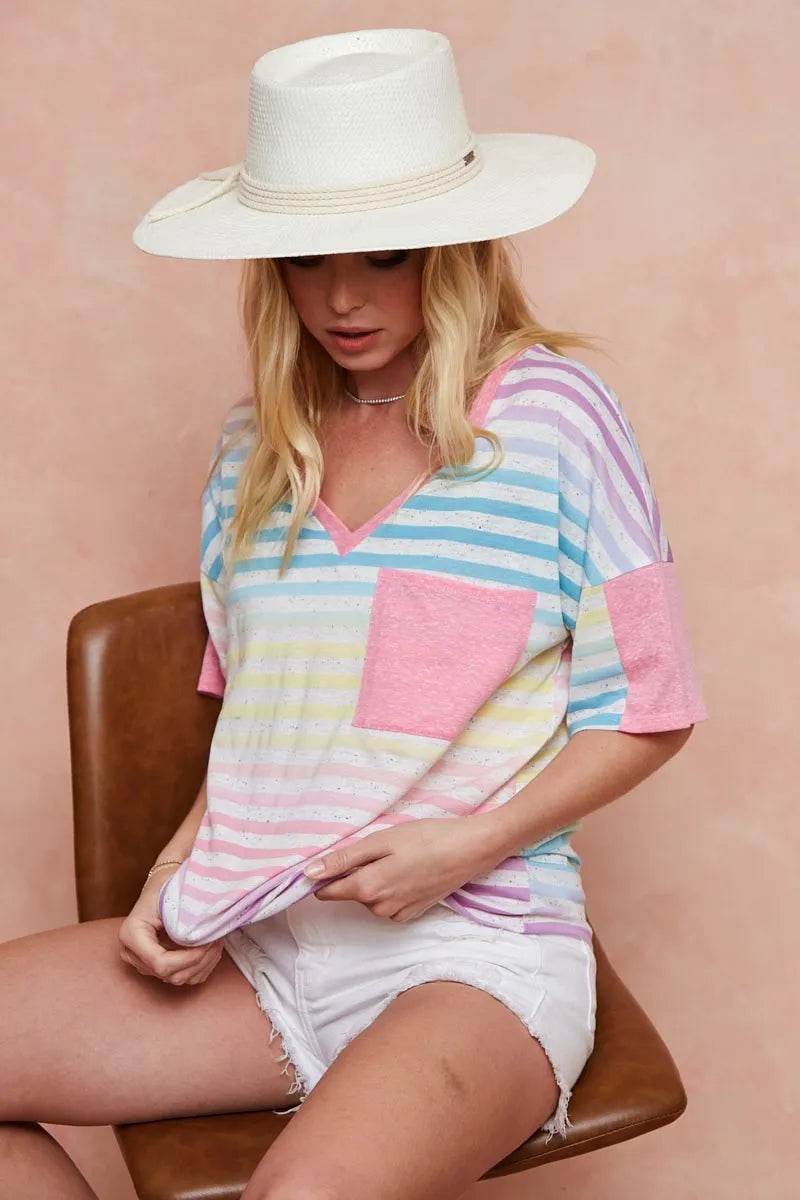 BiBi Rainbow Stripe Printed Triblend Knit Top - Women's Soft Comfortable Casual T-Shirt for Everyday Wear, Street Style & Summer Outfits