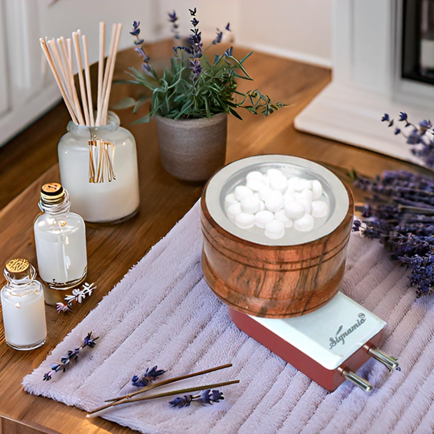 Premium SIGNAMIO® Kapoor Kapur Dani Camphor Karpuram Bakhoor Oud Aroma Oil Diffuser & Incense Burner - Sheesham Wood Electric Stand for Home Fragrance, Room Freshener, Meditation & Yoga Space | DN-1 Model