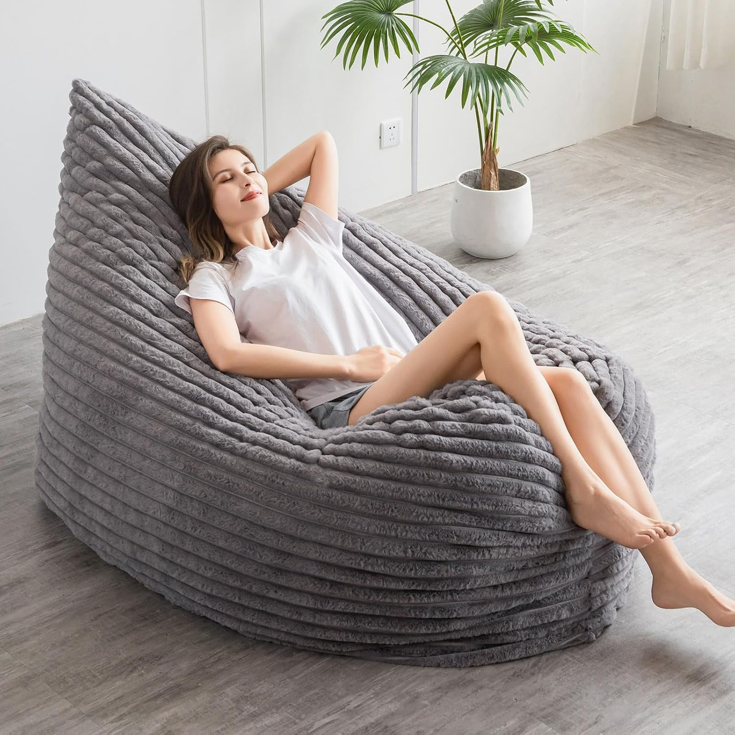 MAXYOYO 3-in-1 Convertible Bean Bag Chair - Soft Striped Faux Fur Large Floor Pillow for Kids & Adults - Dark Grey - Perfect for Living Room, Bedroom & Game Room Relaxation