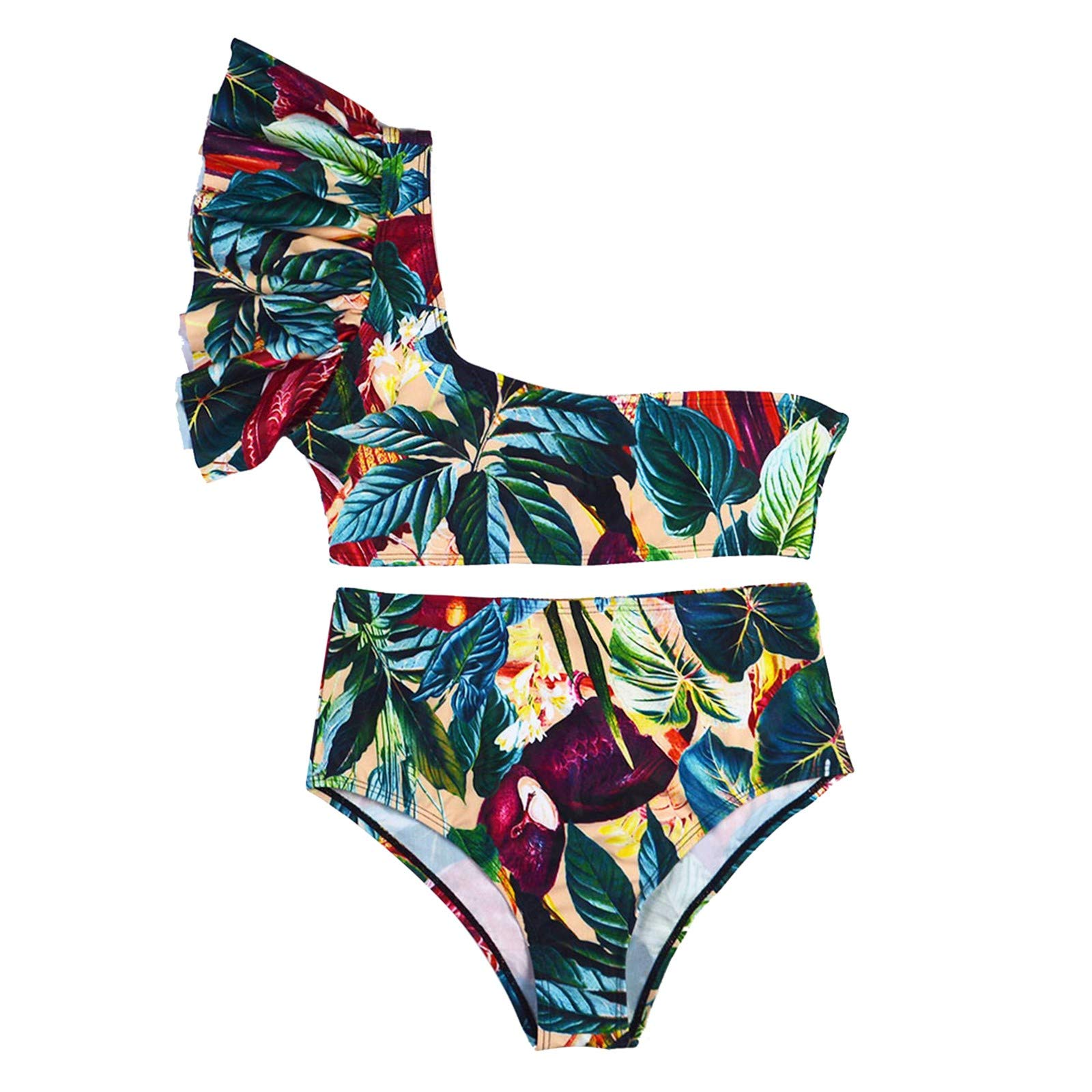 High Waisted Bikini for Women - Sexy Leaf Print Ruffled Swimsuit with Side Split - Perfect for Beach Vacations, Pool Parties & Summer Getaways