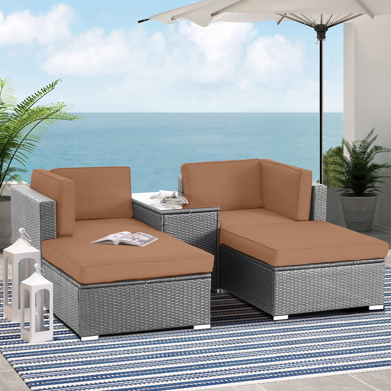 2-Piece Outdoor Ottoman Set - All-Weather Gray Wicker Footstool with Removable Cushions, Patio Rattan Sectional Furniture for Balcony, Backyard, Garden (Coffee Brown) - Perfect for Lounging, Entertaining & Relaxing Outdoors