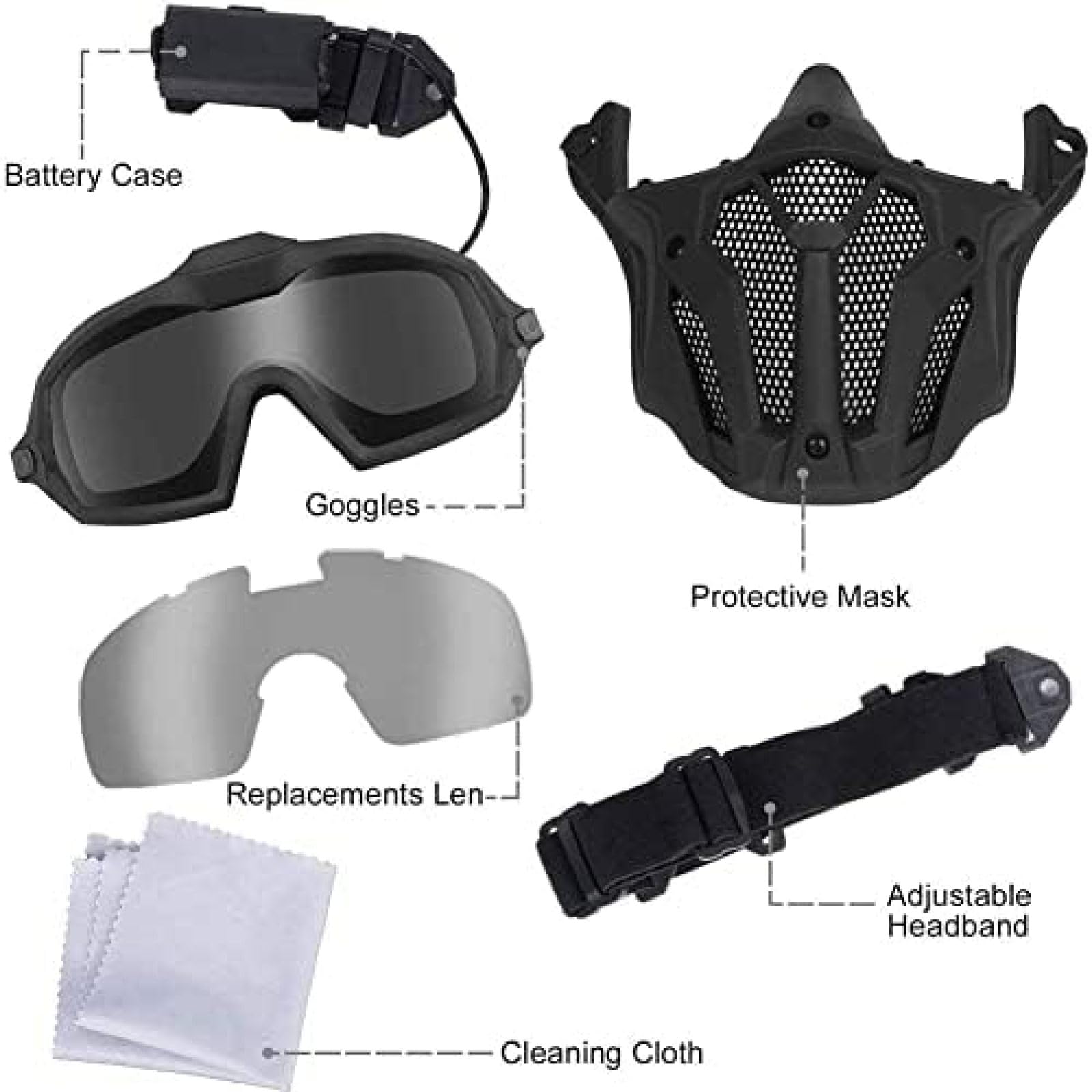 Full Face Tactical Mask with Goggles & ACH Helmet for Airsoft, Paintball, CS Games - Adjustable 30x19cm (Black) - Perfect for Outdoor Combat Sports & Military Simulation