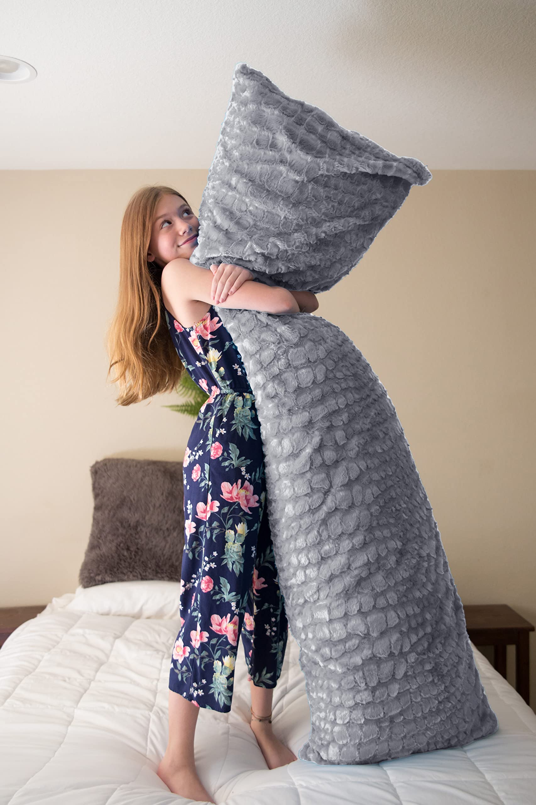 Pillowtex Plush Body Pillow Cover - Soft Fuzzy Pillow Case 20x54 Inches Light Grey | Cozy Hugging Pillow for Bed, Sofa & Travel