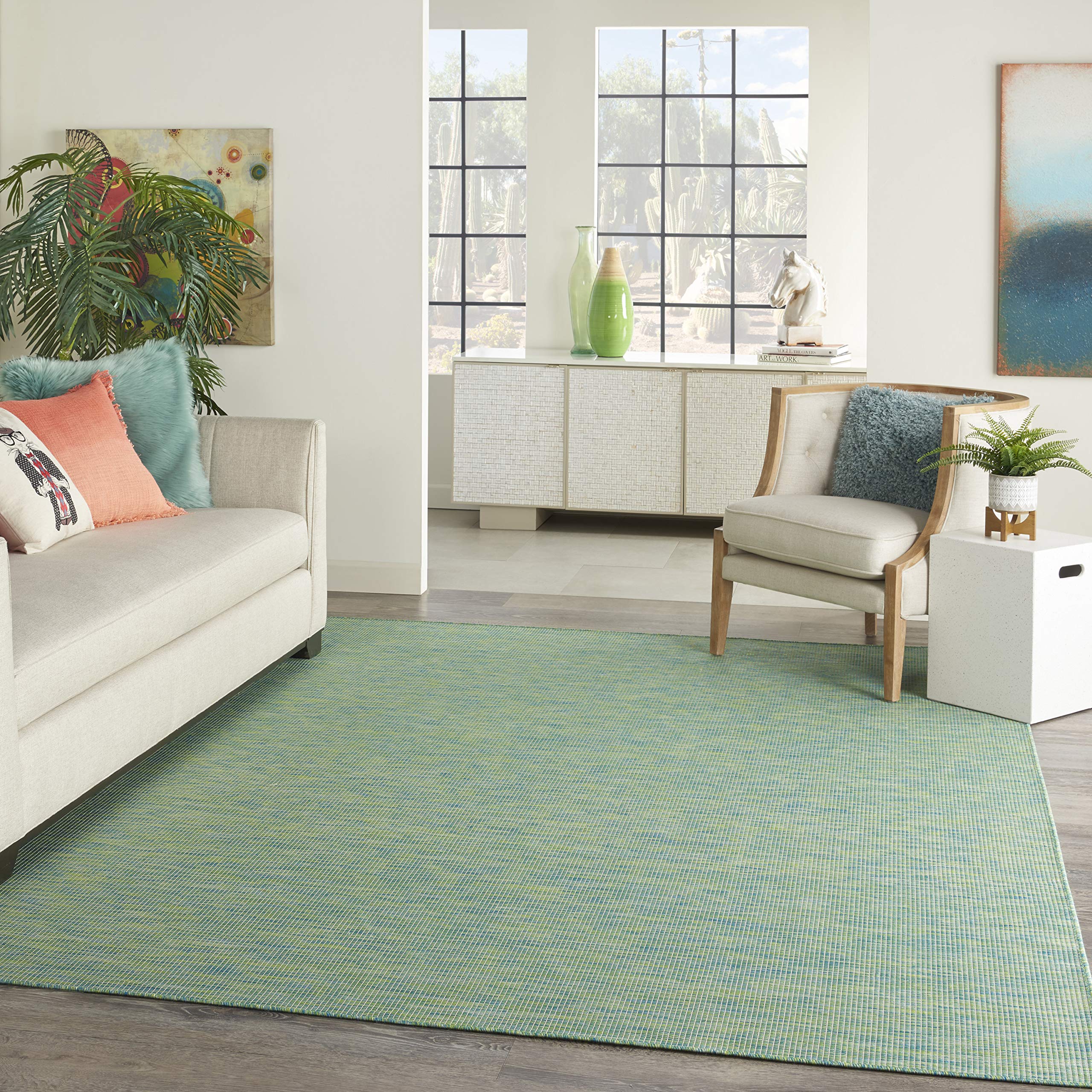 Nourison Positano 8' Round Indoor/Outdoor Area Rug - Blue & Green Striped Design, Easy Clean, Non-Shedding, Stain Resistant for Living Room, Bedroom, Dining Room, Deck, Patio & Backyard | Perfect for Outdoor Entertaining & Cozy Home Decor