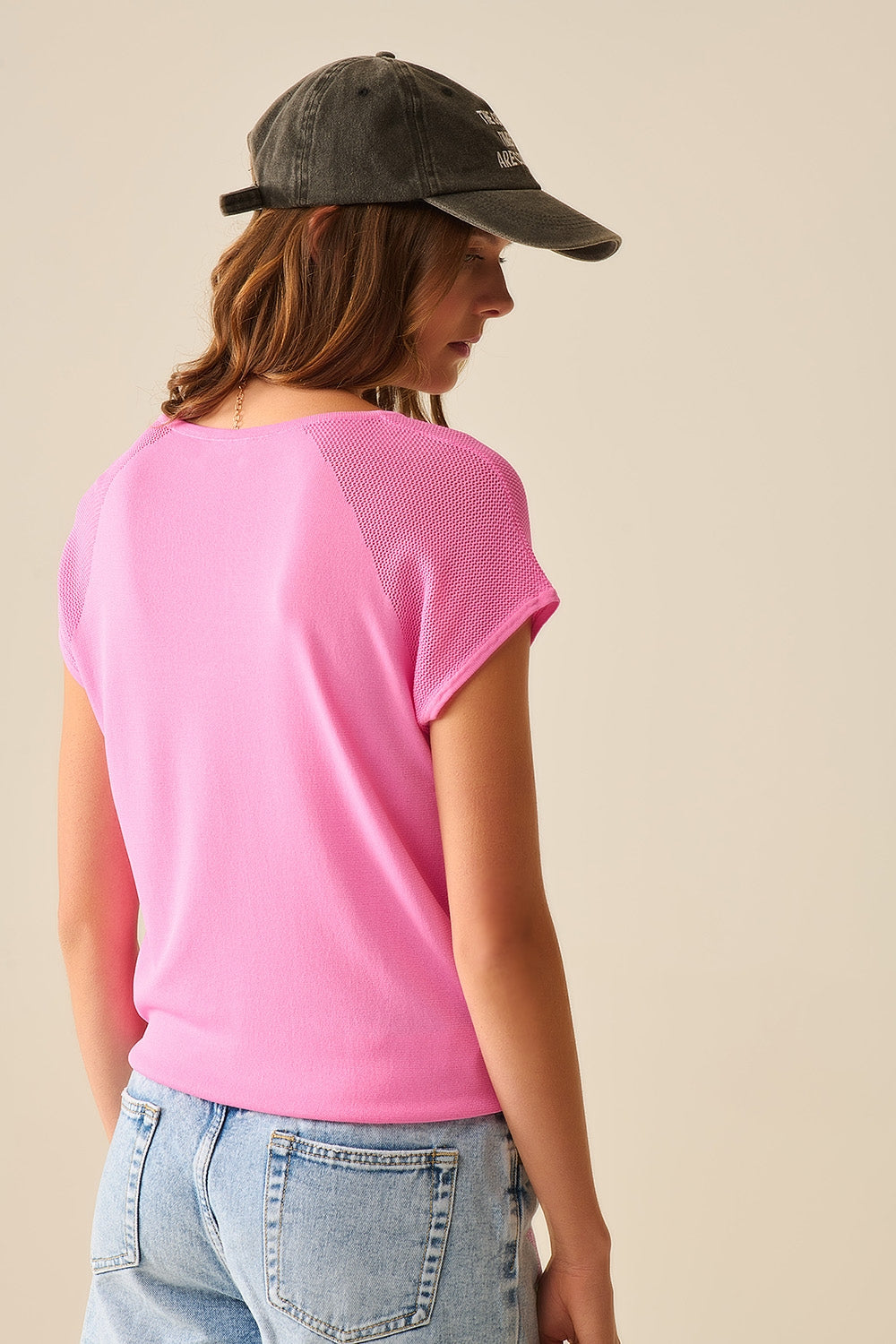 Fuchsia Short Sleeve Pullover with Shoulder Mesh Detail - Perfect for Casual Outings, Gym Wear & Summer Fashion