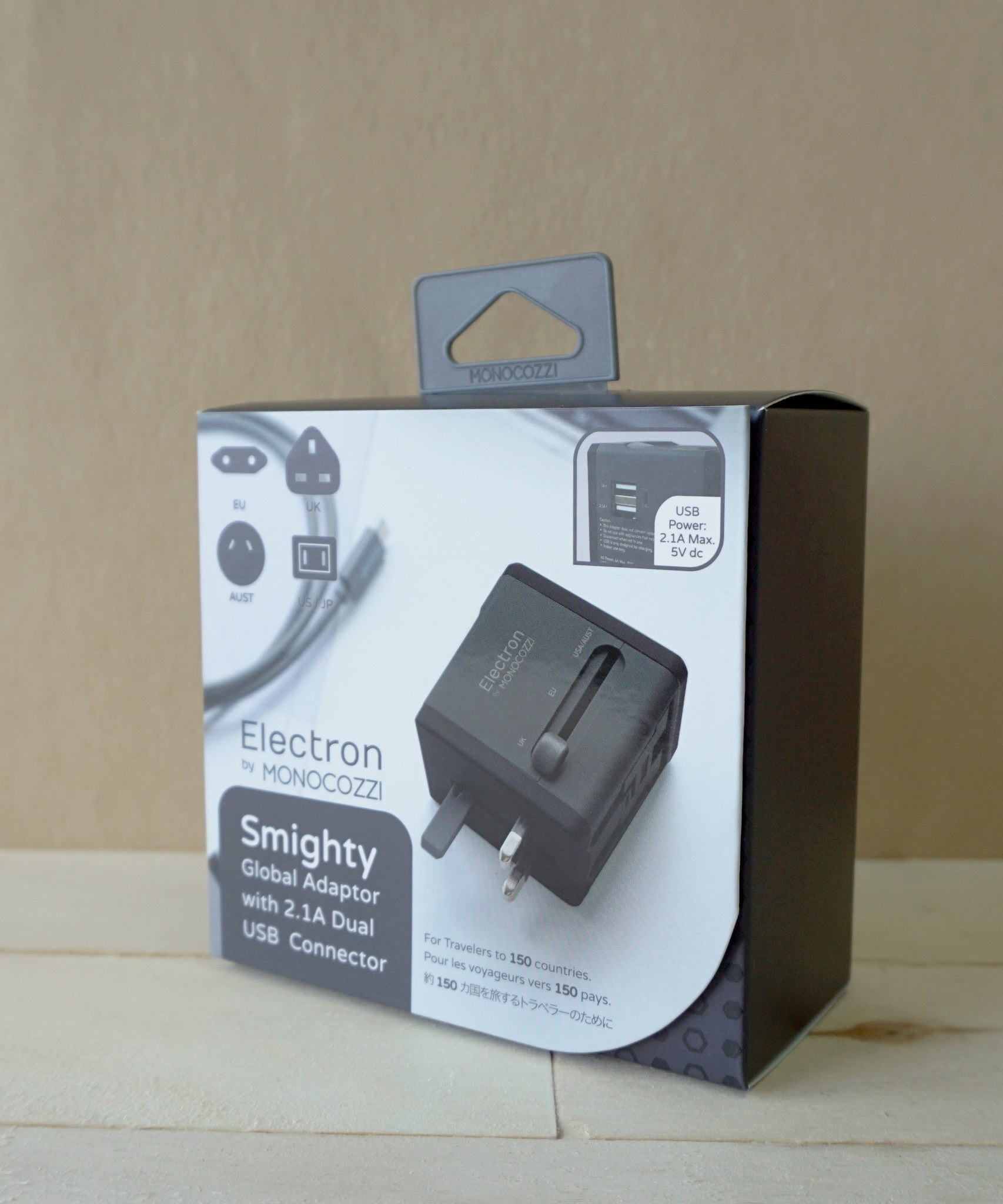 Monocozzi Smighty Global Travel Adapter with 2.1A Dual USB Ports - Universal Power Converter for International Travel (US/EU/UK/AU) - Perfect for Charging Phones, Tablets & Laptops on Vacation or Business Trips