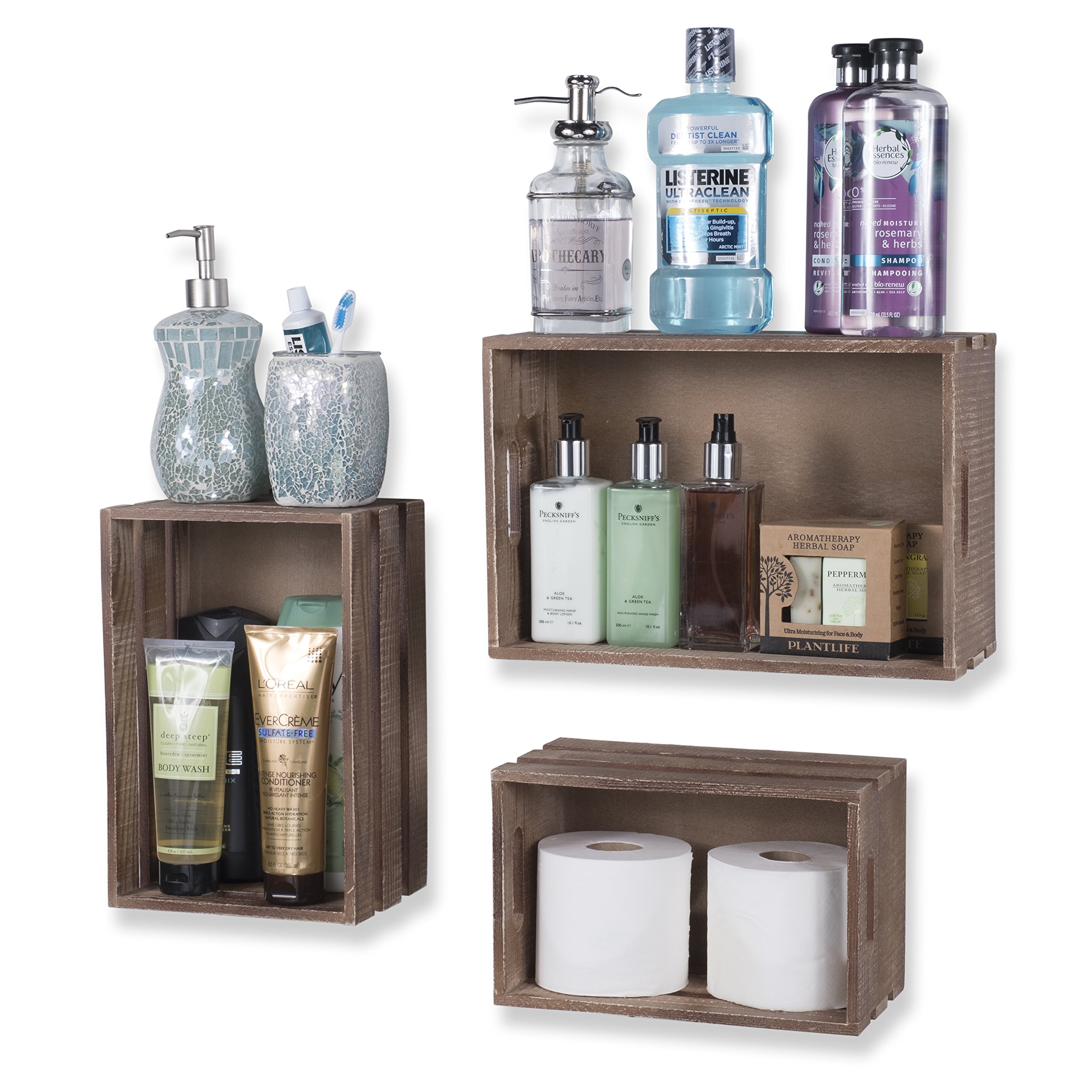 Rustic Wooden Wine Rack Wall Mount - Set of 9 Walnut Storage Baskets & Crates for Kitchen, Bar, or Dining Room Decor