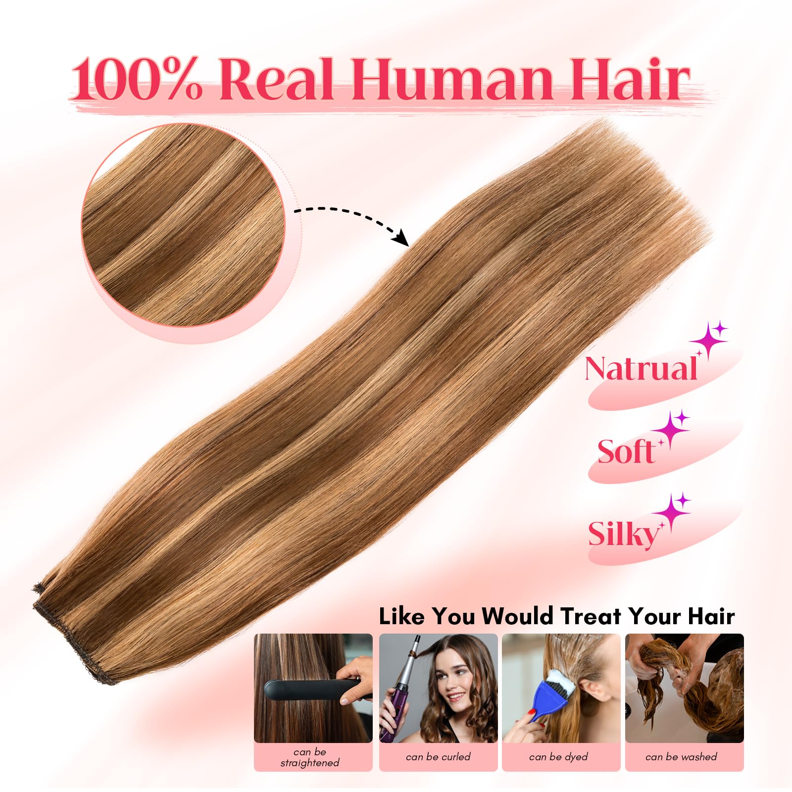Rich Choices 20 Inch Halo Hair Extensions - 100% Real Human Remy Hair, Invisible Wire, Medium Brown with Dark Blonde Highlights for Women | Perfect for Weddings, Parties & Daily Styling