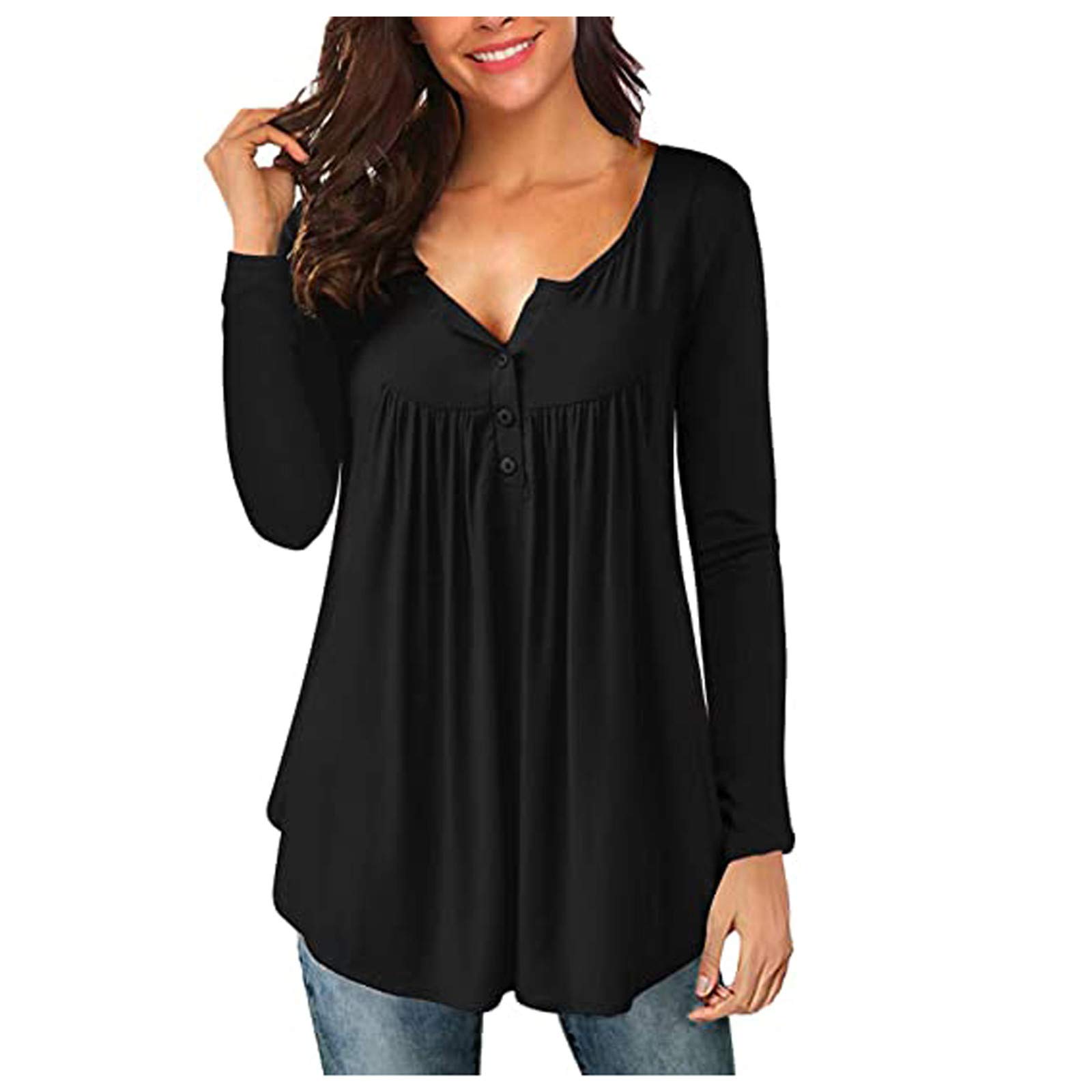 Stylish Women's V-Neck Button Down Tunic Tops - Plus Size Loose Fit Long Sleeve Casual Blouse for Work, Office & Everyday Wear | Solid Color Fashion Shirts