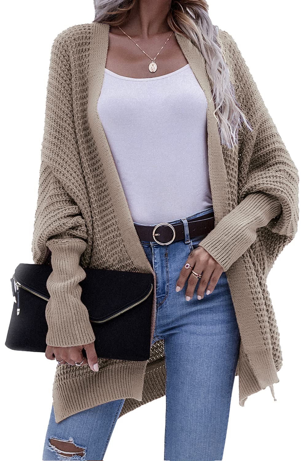 Bsicspace Women's Open Front Cardigan Sweater - Waffle Knit Lightweight Oversized Soft Outerwear for Casual & Dressy Wear | Perfect for Office, Lounge & Fall Layering