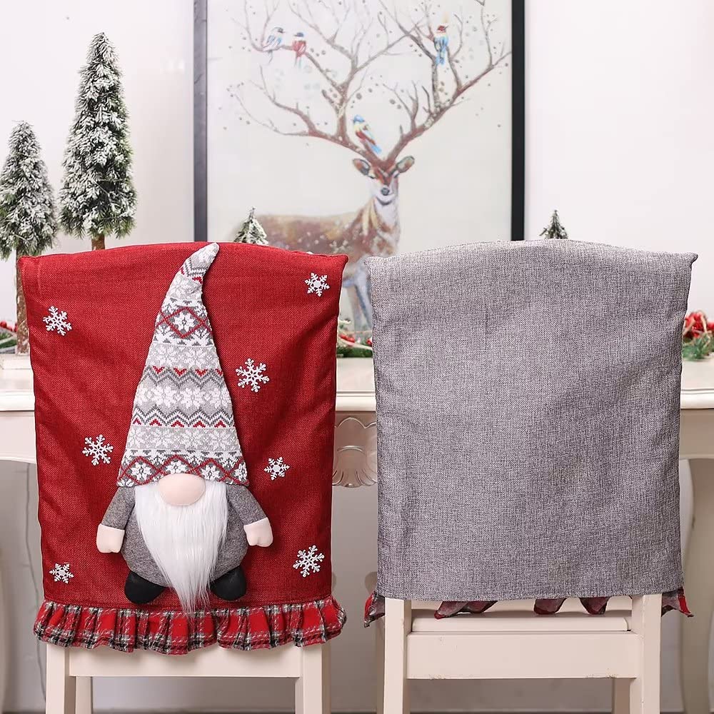 2 Pack Christmas Chair Cover Gnome Couple - Festive Dining & Office Chair Slipcovers Set - Holiday Decor for Christmas Banquet, Party & Home Celebration
