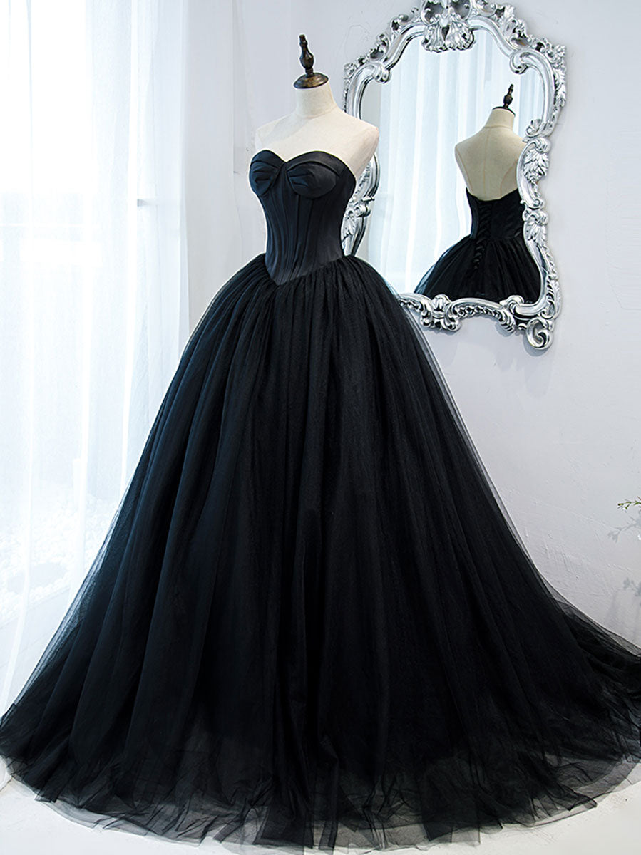 Elegant Black Sweetheart Neckline Tulle Long Prom Dress for Women | Formal Evening Gown for Homecoming, Wedding, and Special Occasions