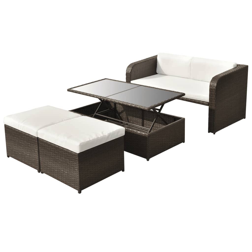vidaXL 4-Piece Brown Poly Rattan Outdoor Lounge Set with Cushions & Adjustable Coffee Table - Patio Furniture for Garden, Poolside, and Backyard Relaxation