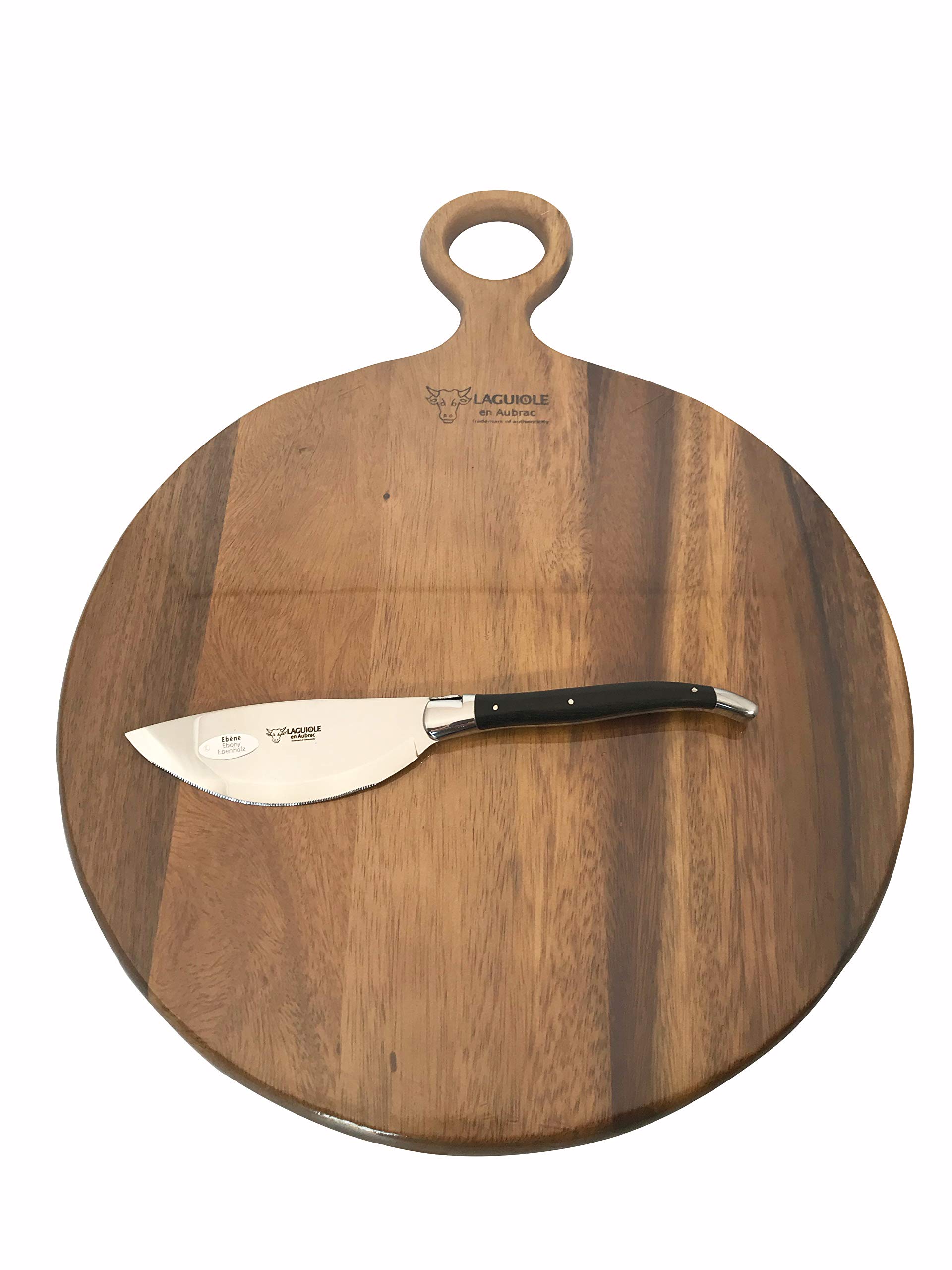 Premium Laguiole en Aubrac 14-Inch Round Solid Maple Wood Cutting Board with Pizza Cutter - Ideal for Serving, Chopping, Charcuterie & Entertaining - Includes Ebony Handle for Elegant Kitchen & Dining Use