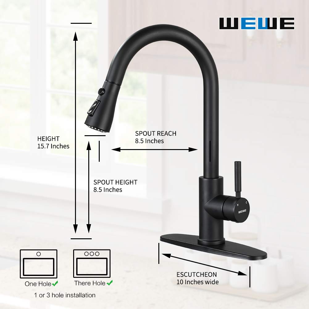 WEWE Commercial Stainless Steel Single Handle Black Kitchen Faucet with Pull Down Sprayer and Soap Dispenser for Modern Kitchen Sinks
