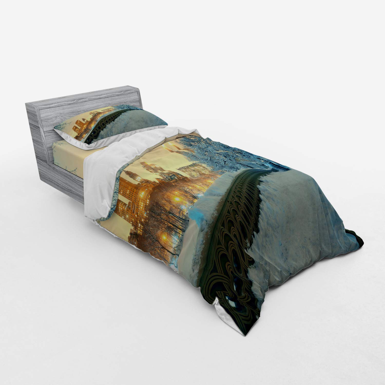 Ambesonne Winter Duvet Cover Set - Central Park Winter Skyscrapers & Snow Bow Bridge Manhattan New York - 3 Piece Bedding Set with Pillow Sham & Fitted Sheet - Twin XL Size - Orange White Olive Green - Cozy Winter Bedroom Decor for NYC Themed Rooms & Holiday Home Styling