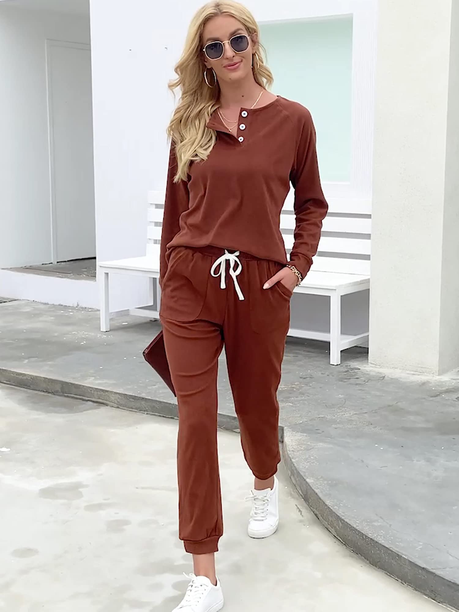 WIHOLL Women's 2-Piece Lounge Set - Button Down Sweatshirt & Sweatpants with Pockets | Cozy Outfit for Home, Travel & Casual Wear