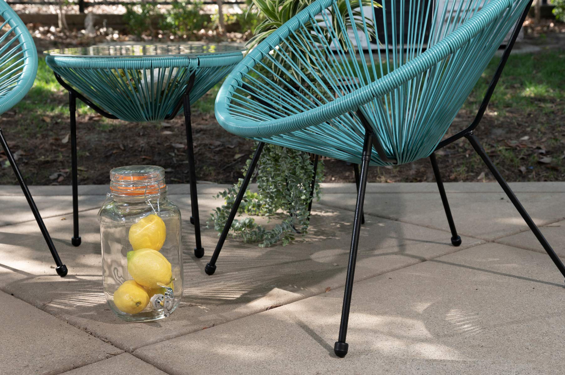 Barton 3-Piece Acapulco Chair Set with Glass Table - Aqua Blue Outdoor Patio Furniture, Wicker Rattan Modern Conversation Seating for Garden, Poolside & Backyard Relaxation