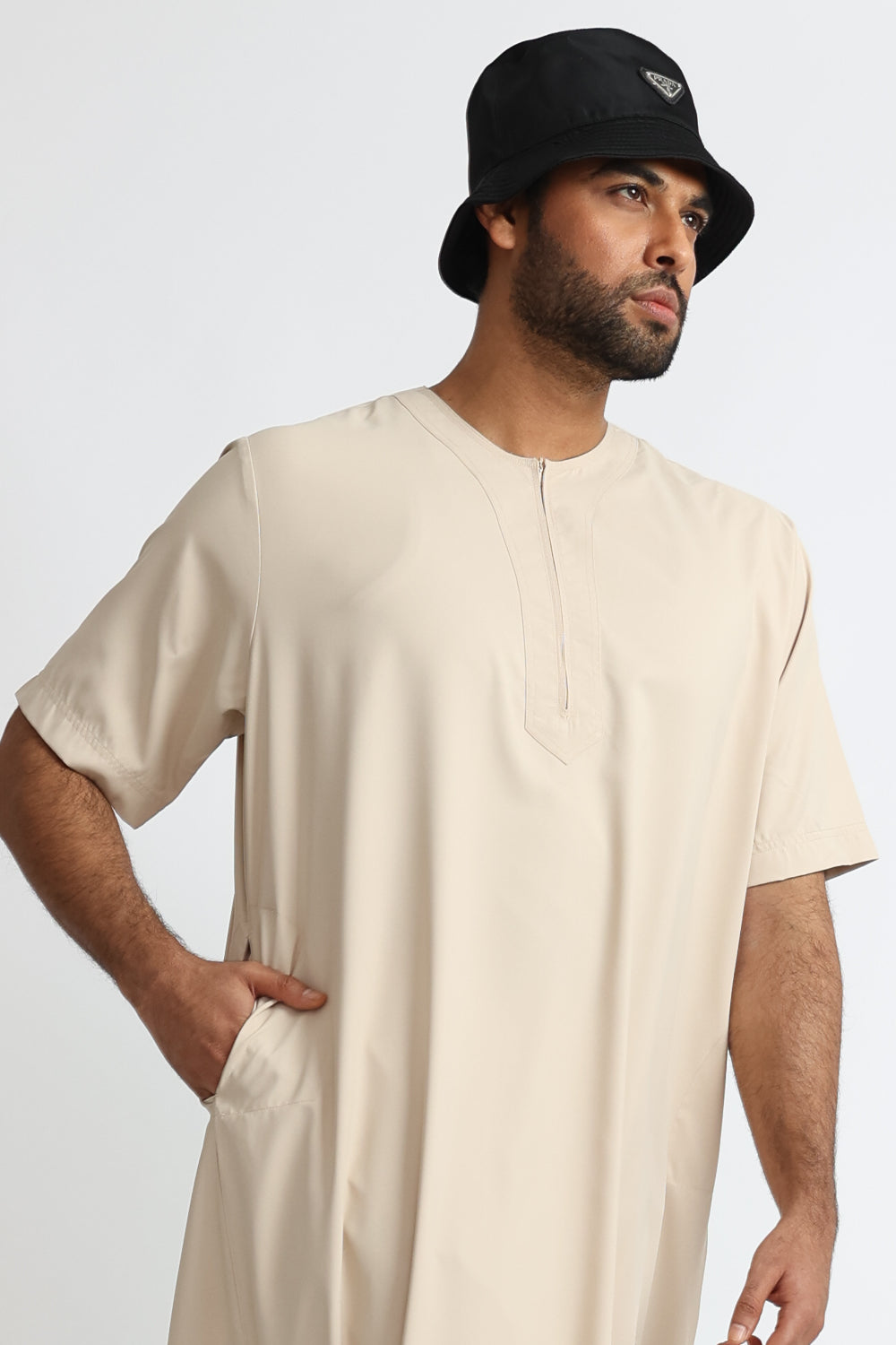 Premium Almond Half Sleeve Thobe for Men - Lightweight Cotton Islamic Prayer Dress - Perfect for Eid, Mosque & Special Occasions