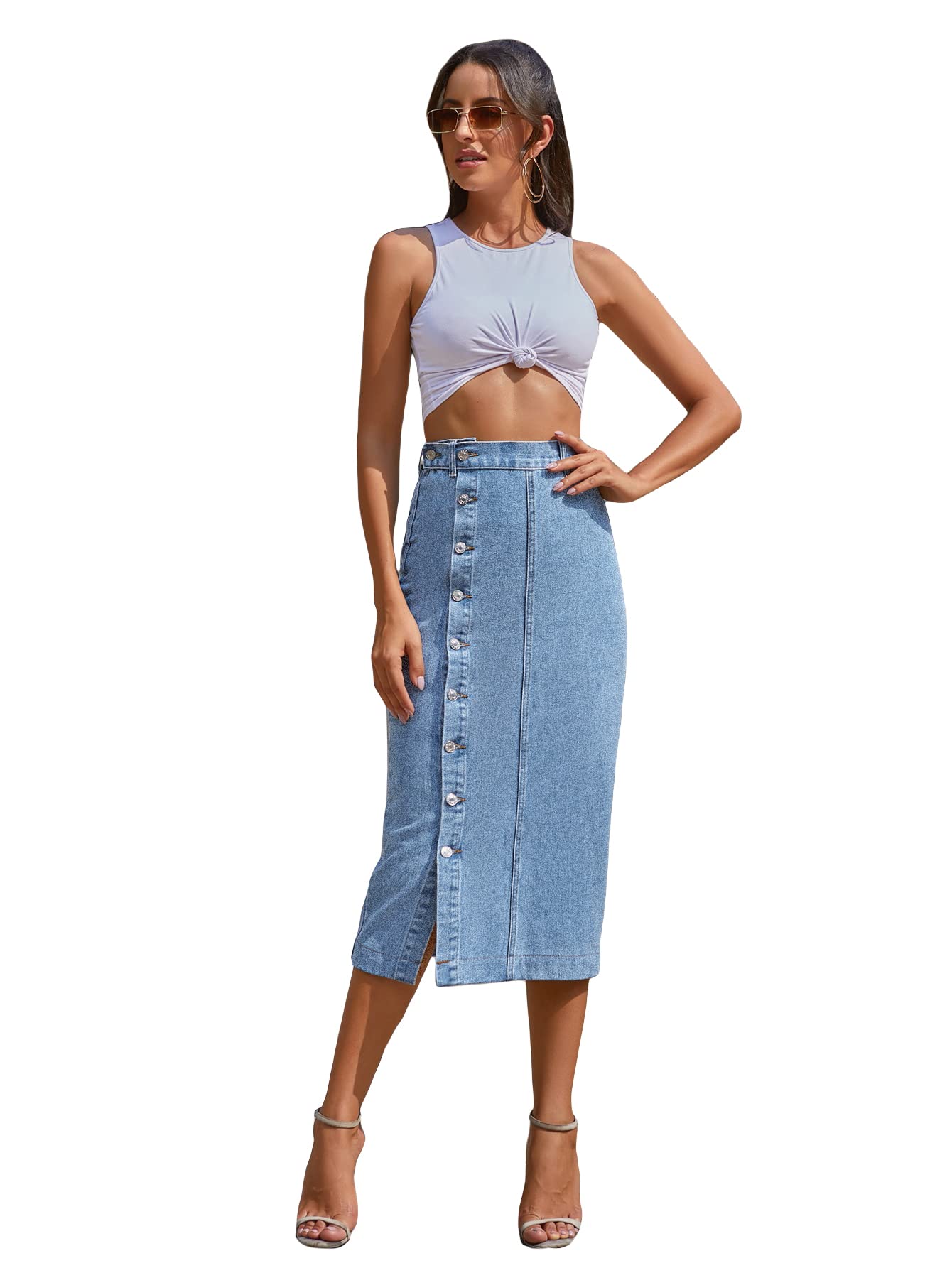 SweatyRocks Women's High Waist Button Front Denim Pencil Skirt - Long Split Hem Stretch Jeans Skirt for Casual Outfits, Office Wear & Date Night