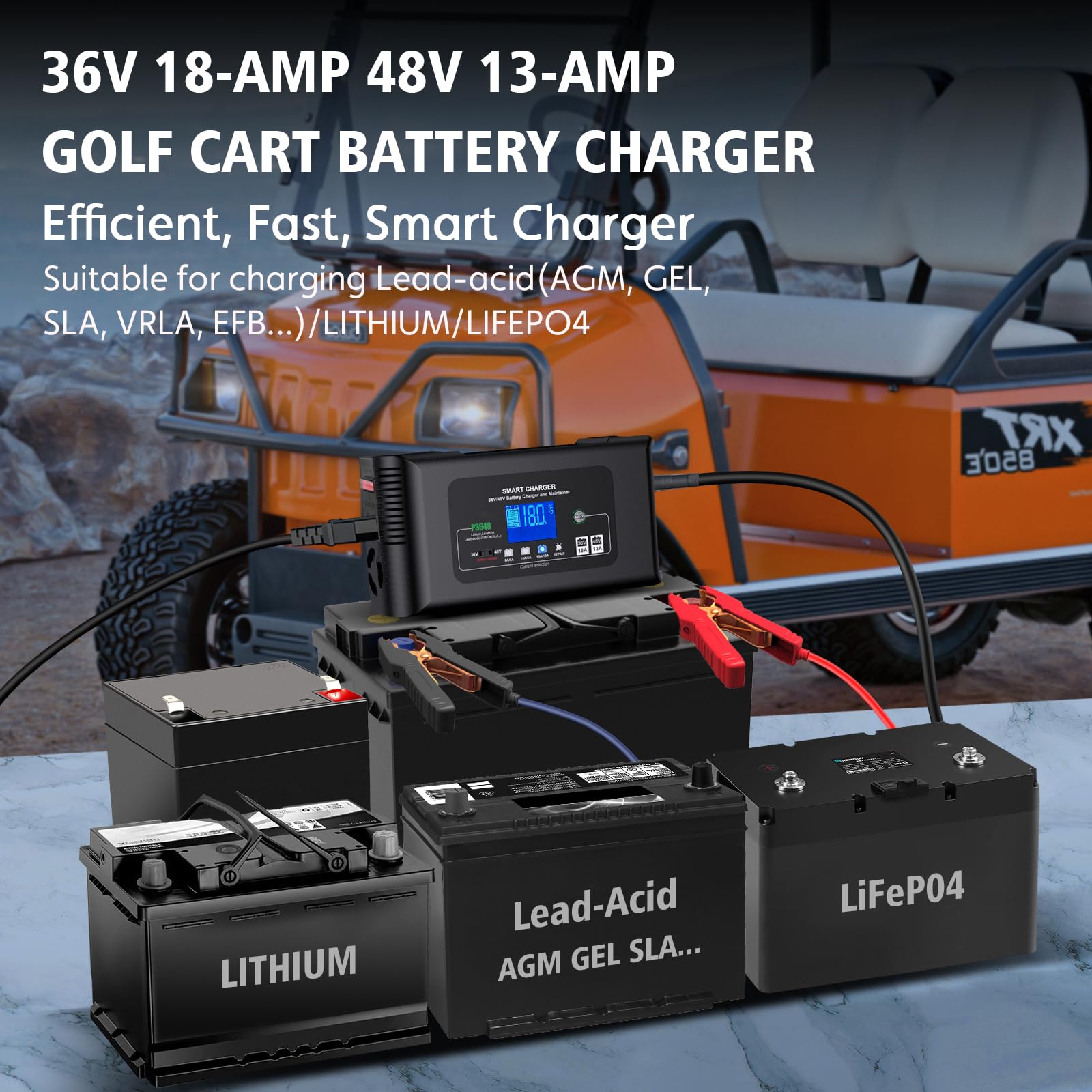 36V 18A & 48V 13A Golf Cart Battery Charger for Club Car, EZGO, Yamaha - Compatible with Lithium, LiFePO4, Lead-Acid AGM/Gel/SLA Batteries - Crowfoot Plug - Perfect for Home, Golf Course & RV Use