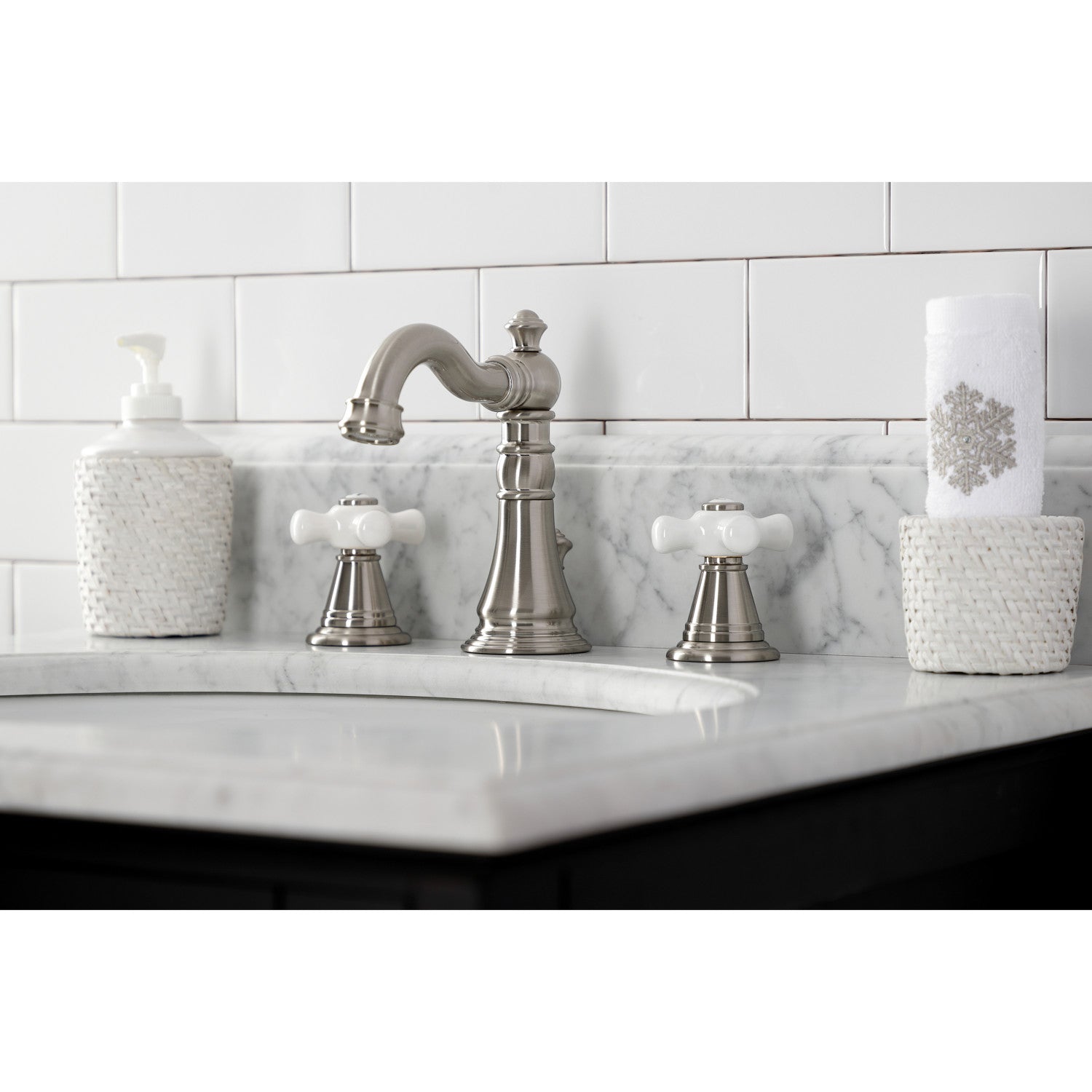 American Classic FSC1978APX Brushed Nickel Widespread Bathroom Faucet - 3 Hole Deck Mount with Pop Up Drain - Perfect for Modern Bathroom Renovations & Home Upgrades
