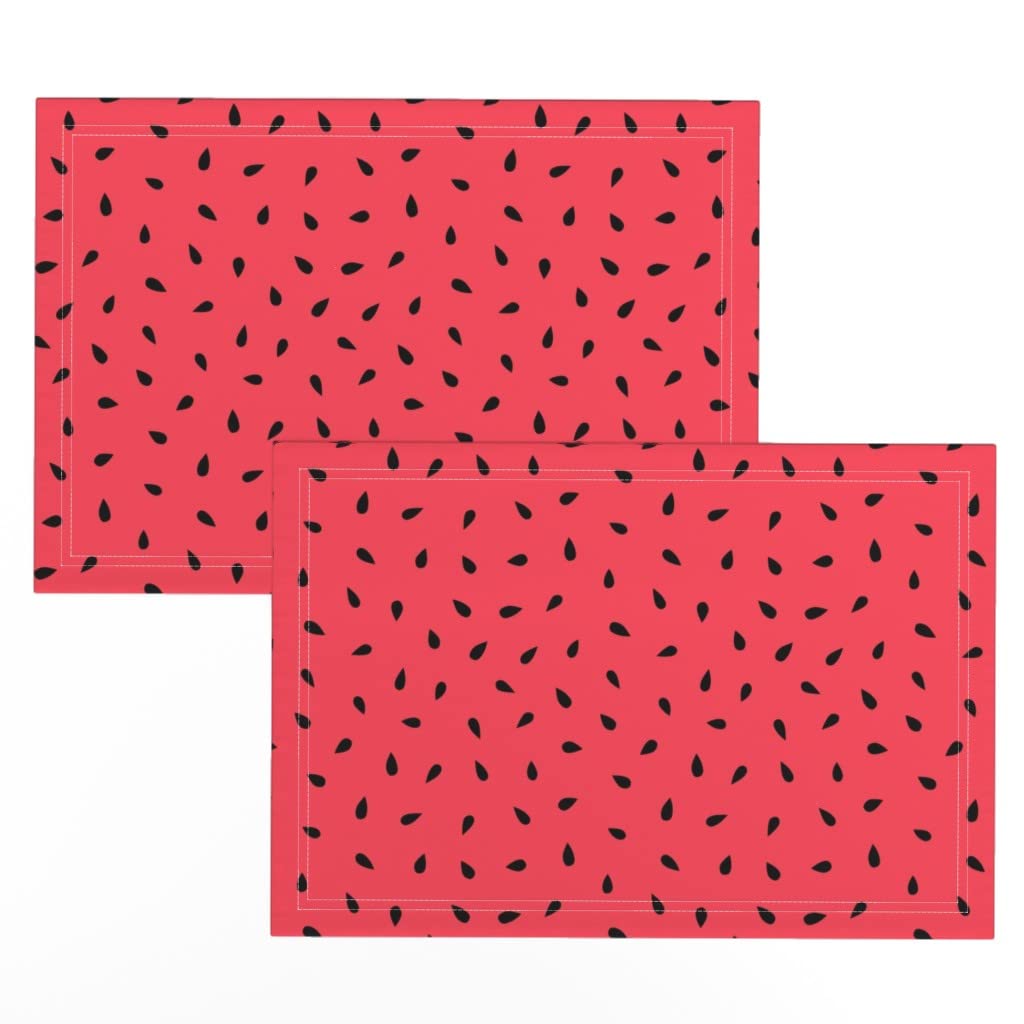 Premium Linen Cotton Canvas Placemats Set of 2 - Red Fruit Dots Rose Seeds Summer Watermelon Large Print Table Mats for Dining, Kitchen Decor, Party & Outdoor Picnic