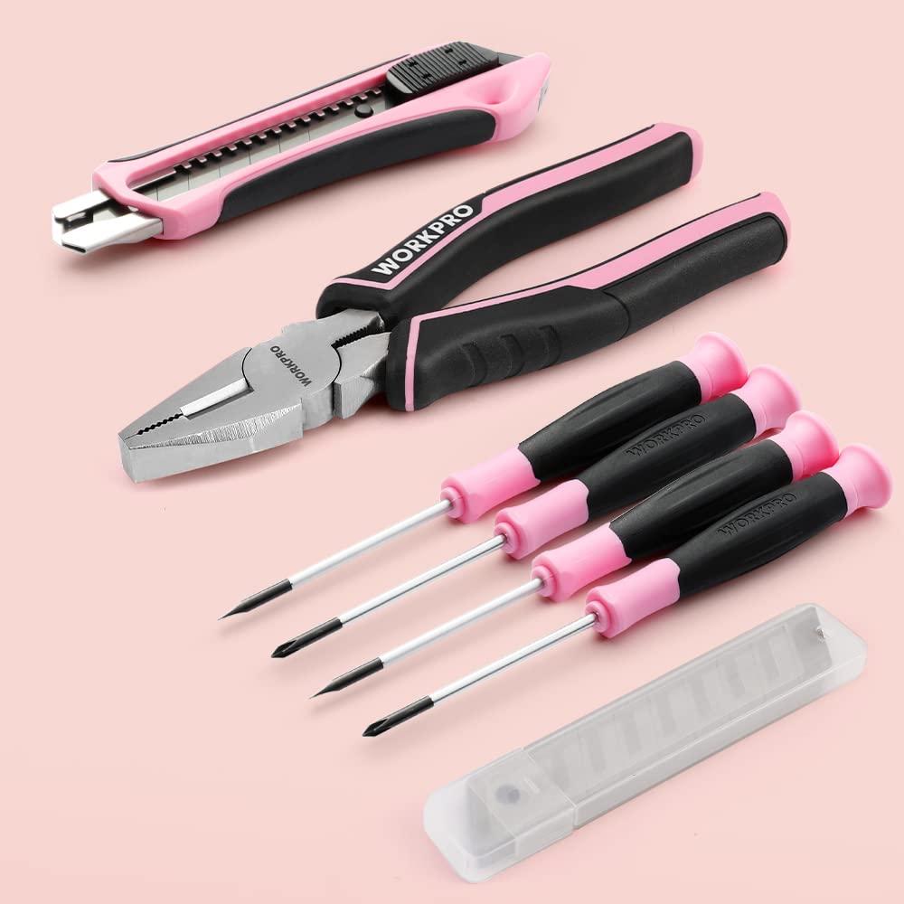 **WORKPRO 53-Piece Pink Tool Set with Electric Cordless Screwdriver - Basic Tool Kit for Women, Includes 13'' Portable Tool Bag - Perfect for DIY Home Repair, Maintenance & Crafting - Pink Ribbon Design**