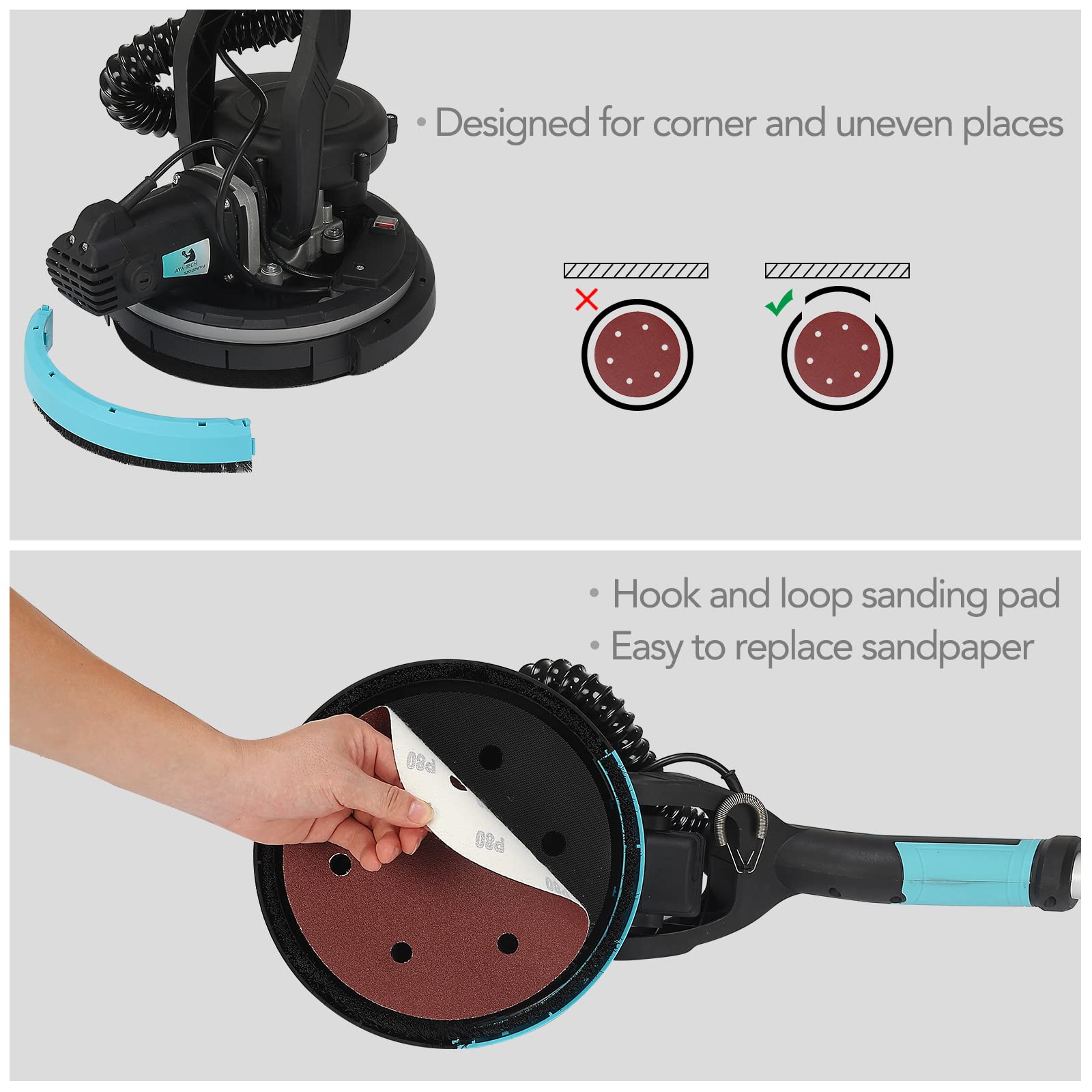 750W Electric Drywall Sander with Vacuum Attachment - Telescopic Foldable Pole Sander, 7-Speed Adjustable for Ceiling & Wall Sanding, Popcorn Texture Removal Tool with LED Light - Perfect for Home Renovation, Drywall Repair and Professional Construction Projects