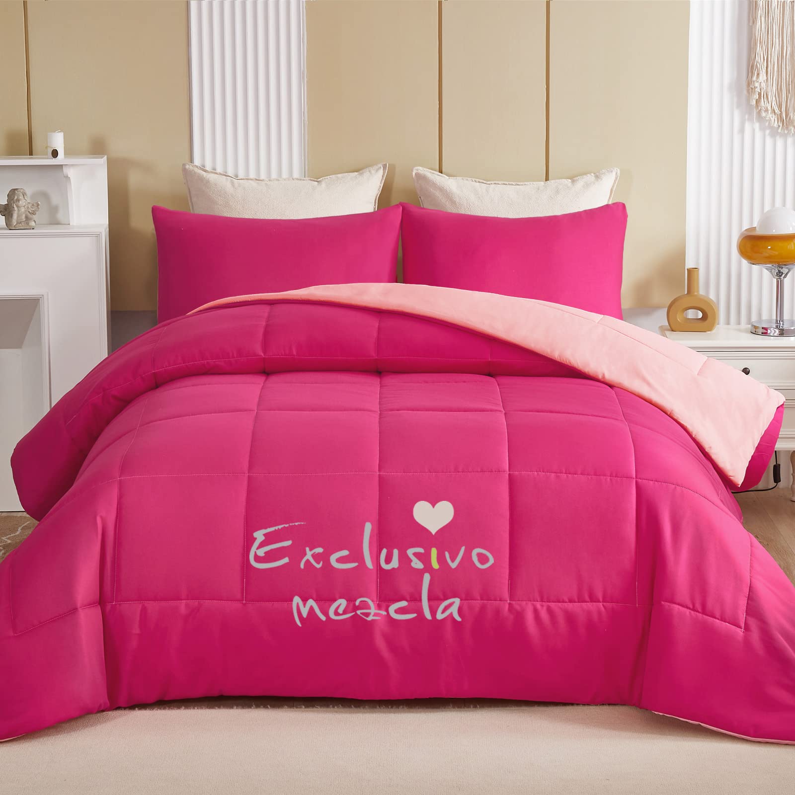 Exclusive Lightweight Reversible 3-Piece Comforter Set - All Seasons Down Alternative Bedding with 2 Pillow Shams, King Size in Hot Pink/Bright Pink - Perfect for Master Bedroom, Guest Room & Dorm Decor