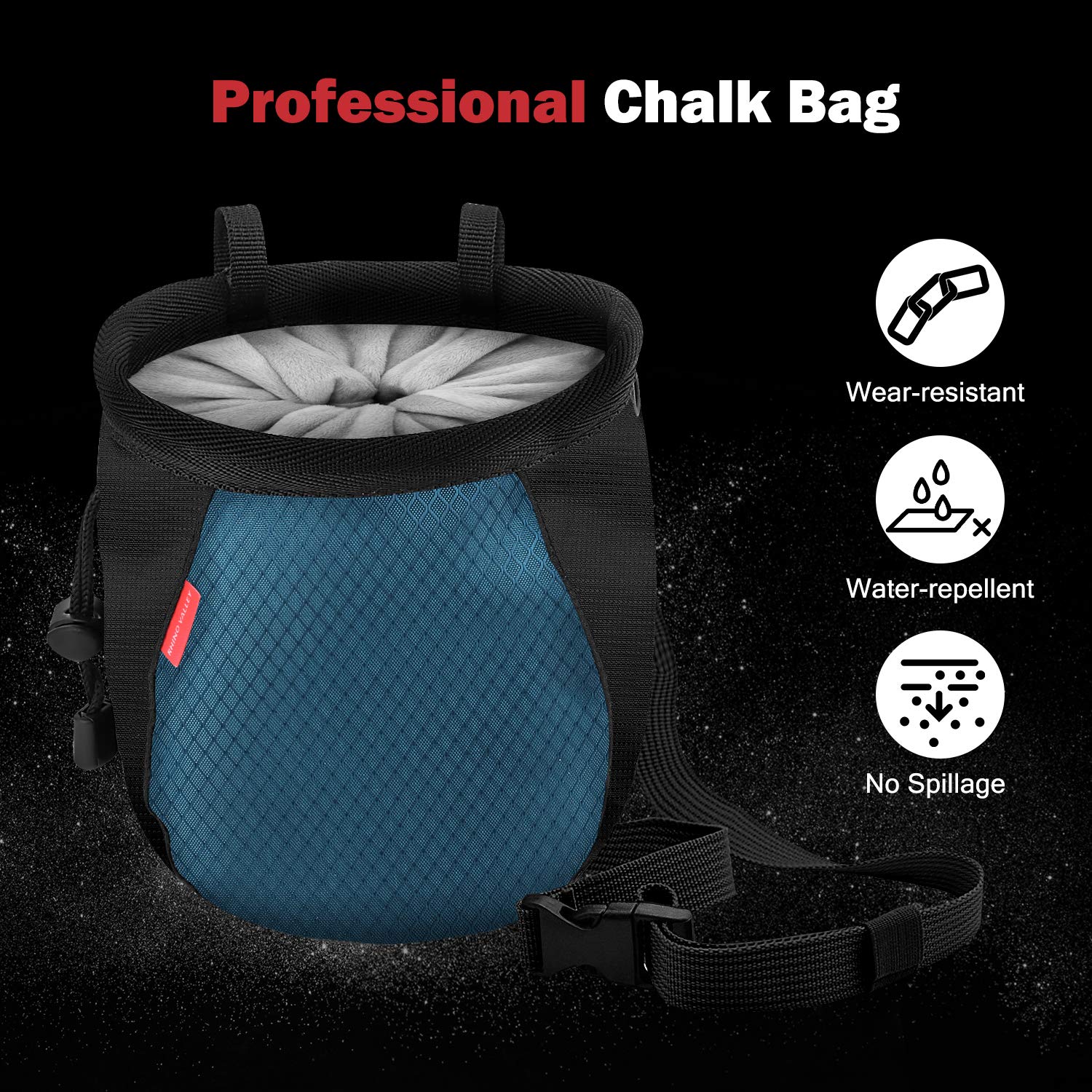 **Rhino Valley No Leak Climbing Chalk Bag with Adjustable Belt, Carabiner Clip & Zippered Pockets – Perfect for Rock Climbing, Bouldering, CrossFit, Weightlifting & Gymnastics – Stay Grippy & Secure During Workouts**