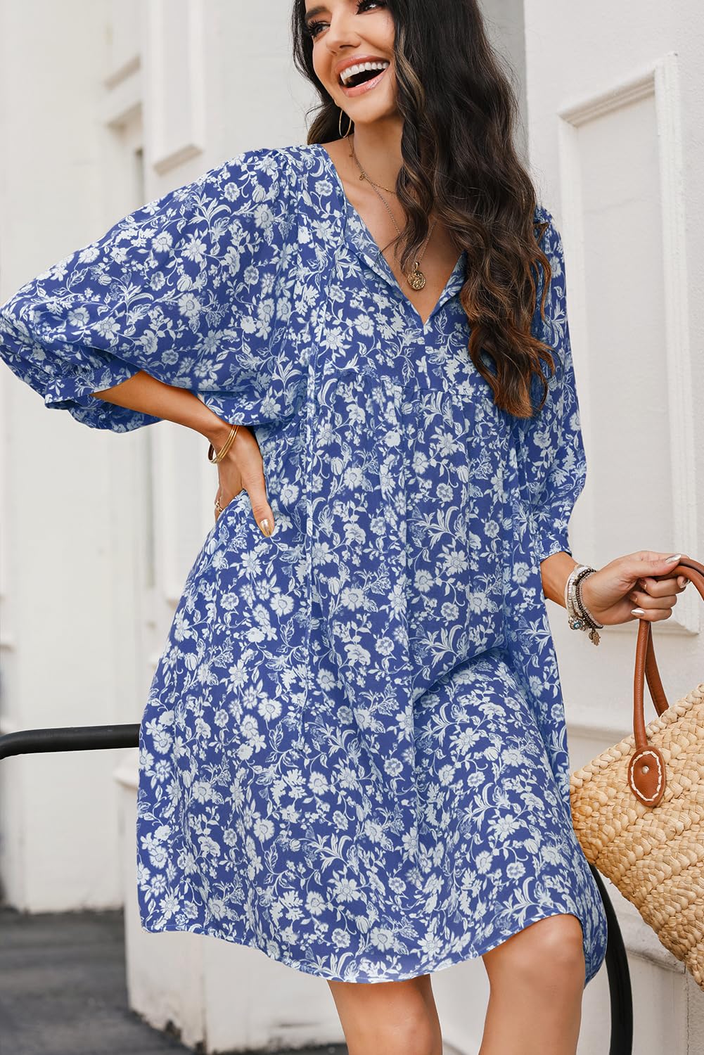 Dokotoo Women's Summer Dresses 2025 - Boho Floral Print Chiffon Mini Dress with V Neck & Lantern Sleeves | Beach Vacation Sundress, Casual Outfit for Summer Parties & Tropical Getaways