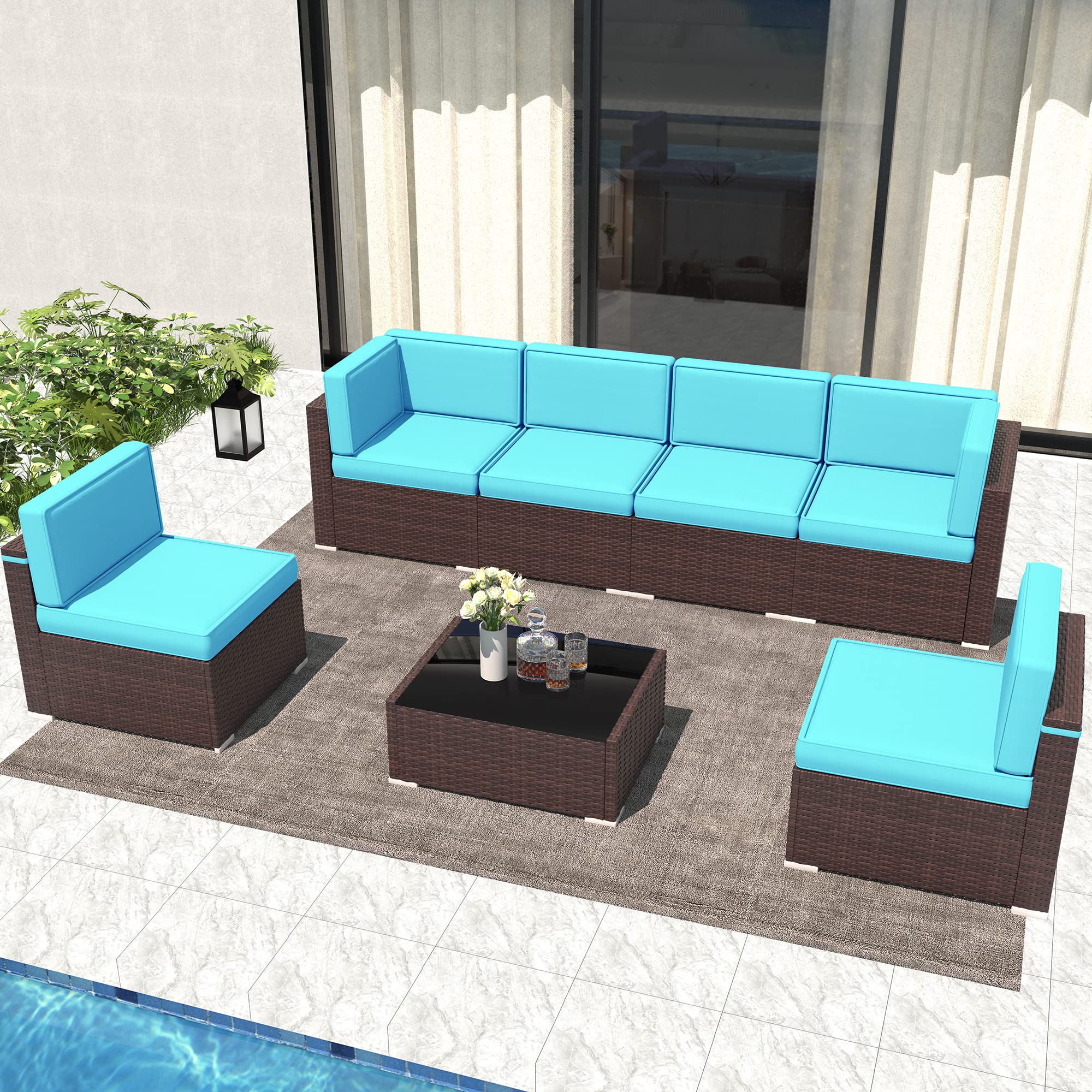 LayinSun 7-Piece Patio Furniture Set - Outdoor Wicker Sectional Sofa with Coffee Table - Perfect for Backyard, Garden & Poolside Relaxation
