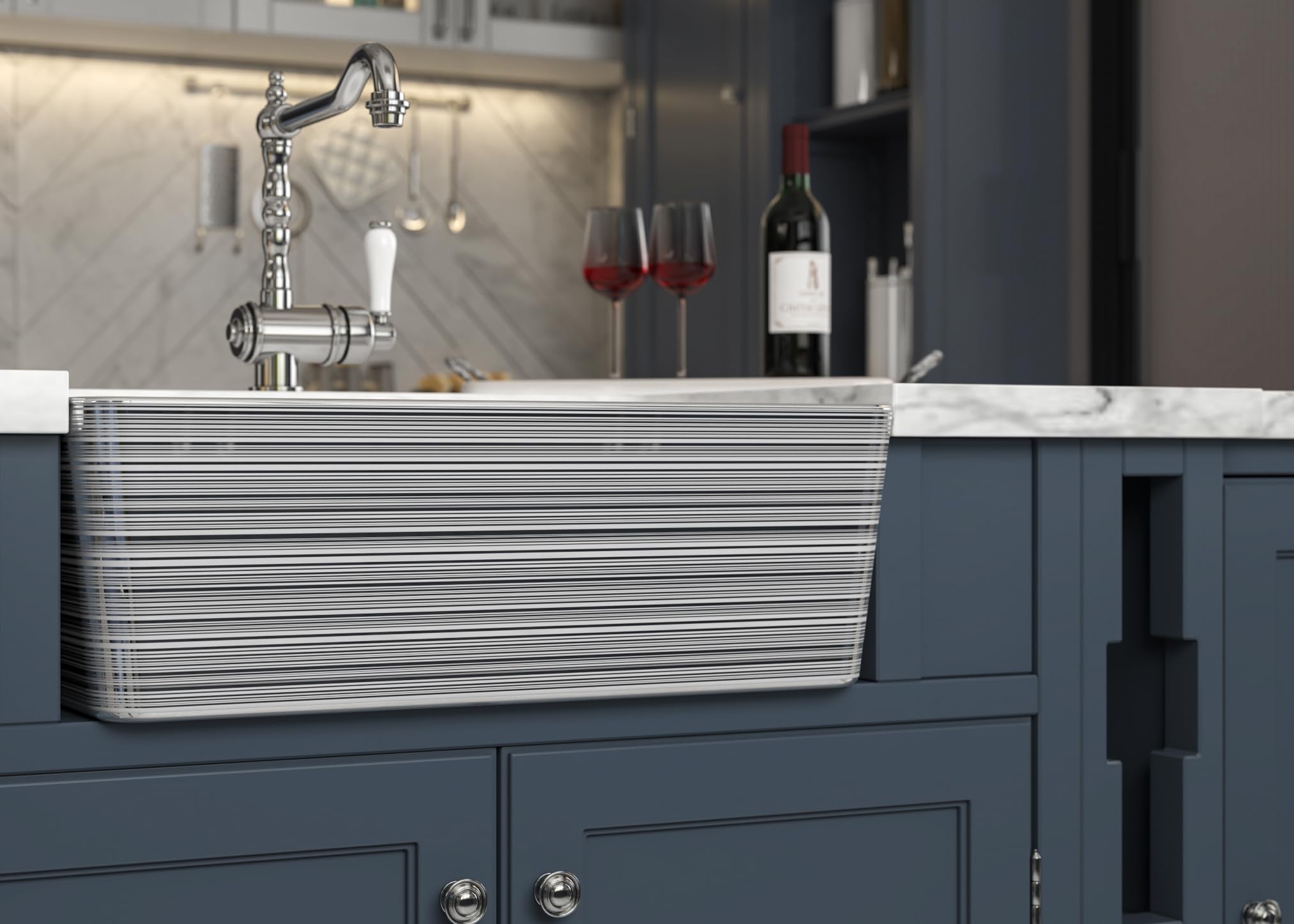 24-Inch Small Farmhouse Ceramic Kitchen Sink with Strainer & Bottom Grids - Elegant Silver Stripes Design for Modern Kitchens | Perfect for Washing Dishes, Food Prep & Laundry Tasks