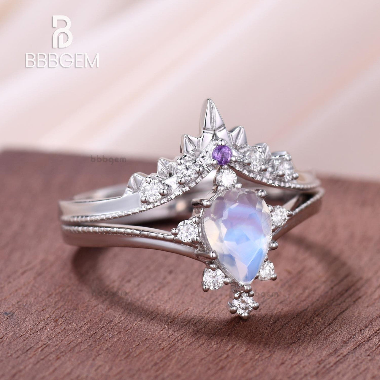 14K/18K Rose Gold Rainbow Moonstone Bridal Set with Diamond & Amethyst - Art Deco Engagement Ring & Wedding Band for Women - Perfect for Proposals, Anniversaries, and Special Occasions