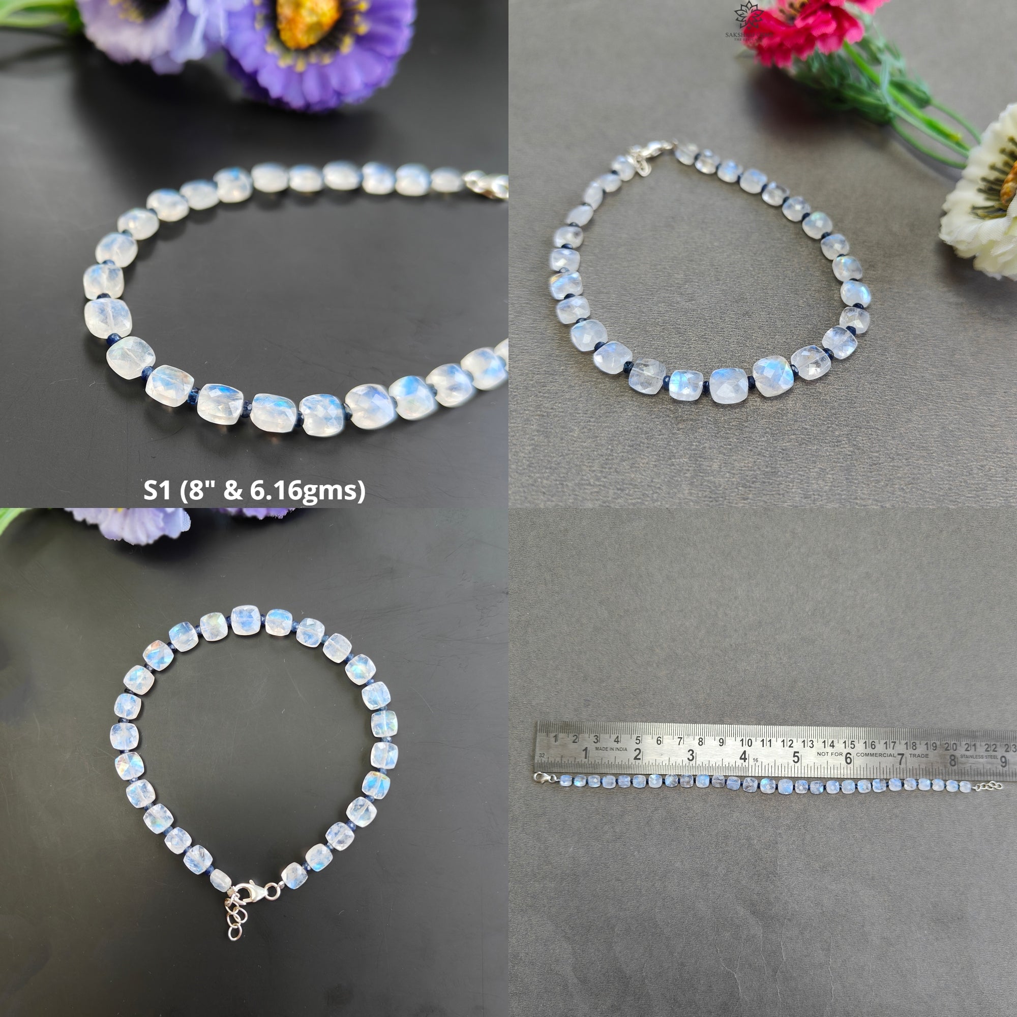 Rainbow Moonstone & Blue Sapphire 925 Sterling Silver Beaded Bracelet - Gemstone Beads Briolette Checker Cut for Women's Jewelry, Gift & Spiritual Healing | Perfect for Meditation, Yoga & Boho Fashion