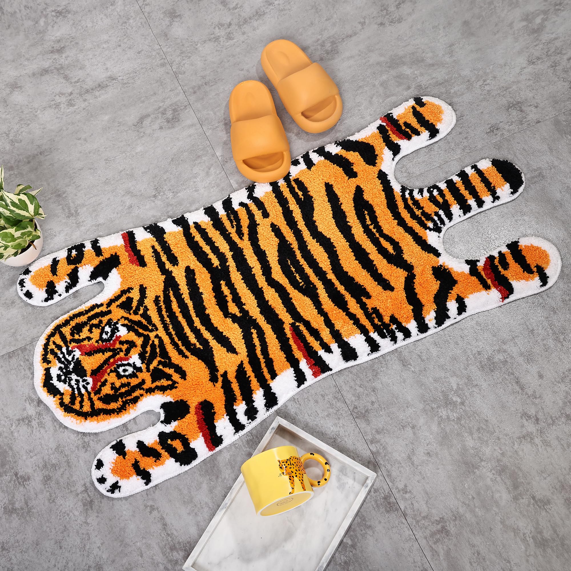 Panstar Non-Slip Tiger Bath Mat - Super Absorbent Plush Cartoon Animal Shaped Bathroom Rug for Kids & Adults, Soft Orange Yellow Tiger Design - Perfect for Bathroom, Shower, and Bathtub Safety