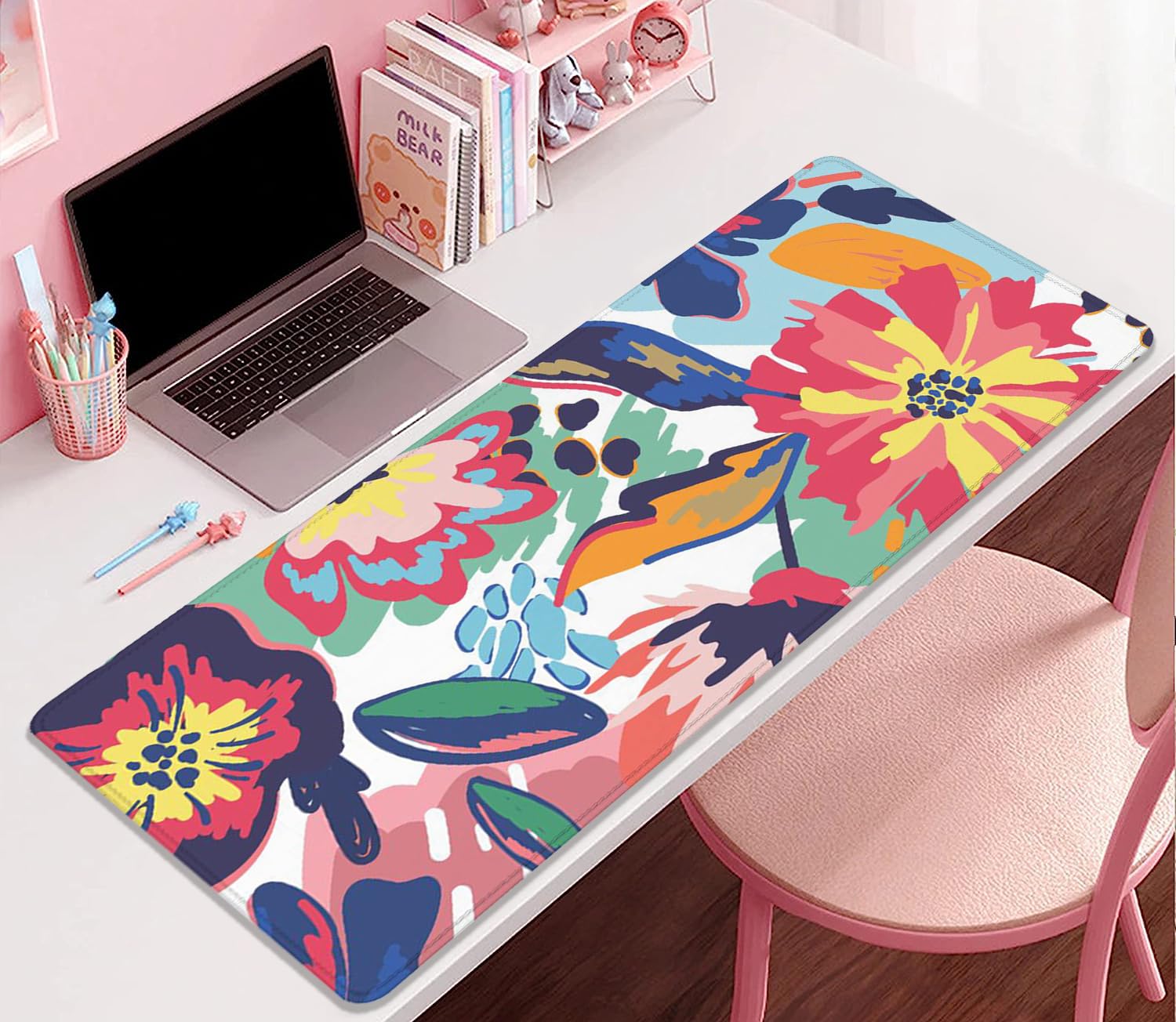 Boho Abstract Floral Leaves Mouse Pad - Non-Slip Waterproof Desk Mat with Stitched Edges for Gaming, Office & Home Use - Perfect for Computers, Laptops & Keyboards (27.5x11.8 Inches) - Ideal Workspace Accessory for Gamers, Professionals & Home Offices