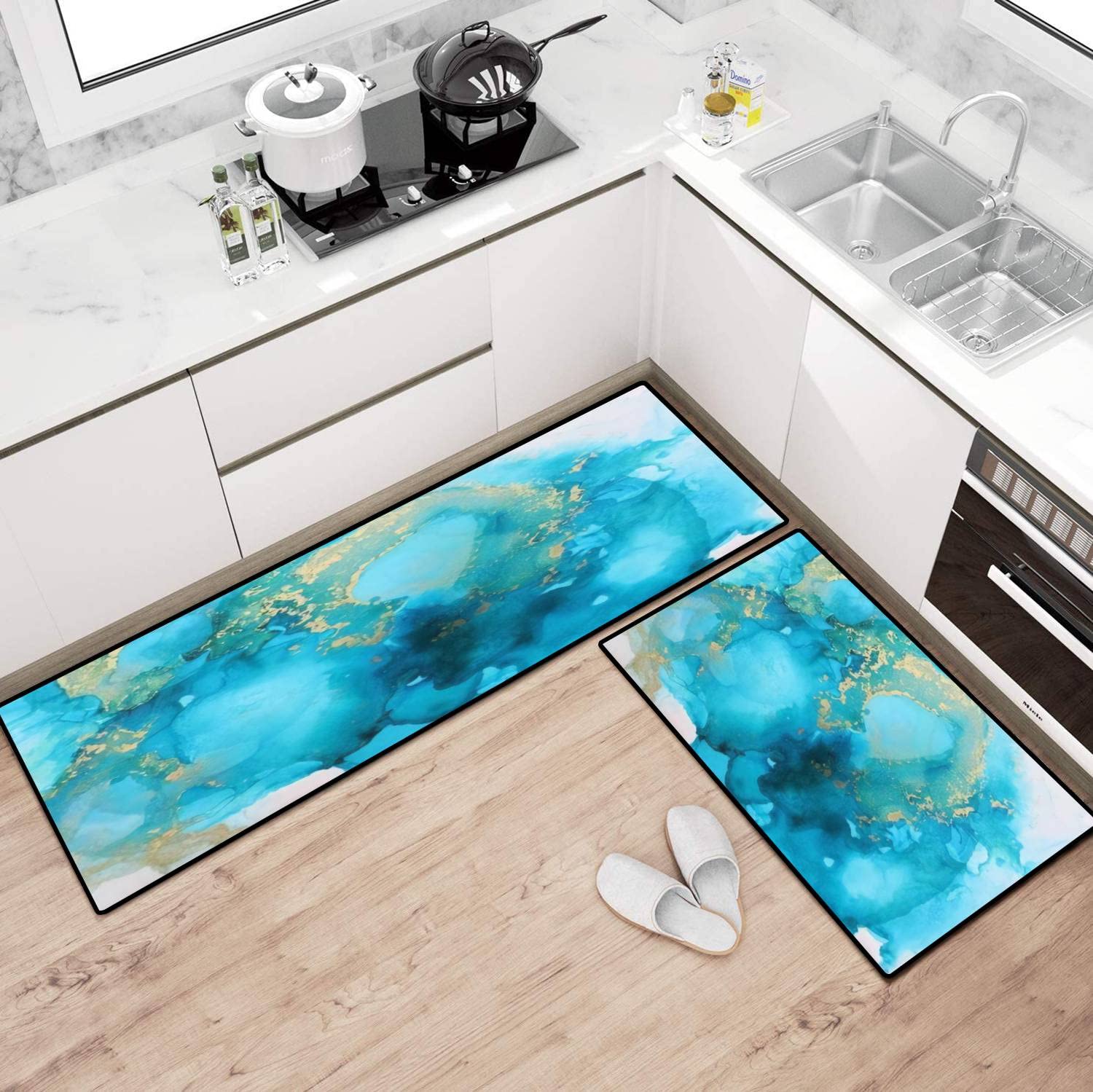 Non-Slip Washable Kitchen Rugs Set - Abstract Blue Alcohol Ink Fluid Art Design - Anti-Fatigue Floor Mats for Cooking, Dishwashing & Standing Comfort - Perfect for Kitchen, Bathroom & Entryway Decor