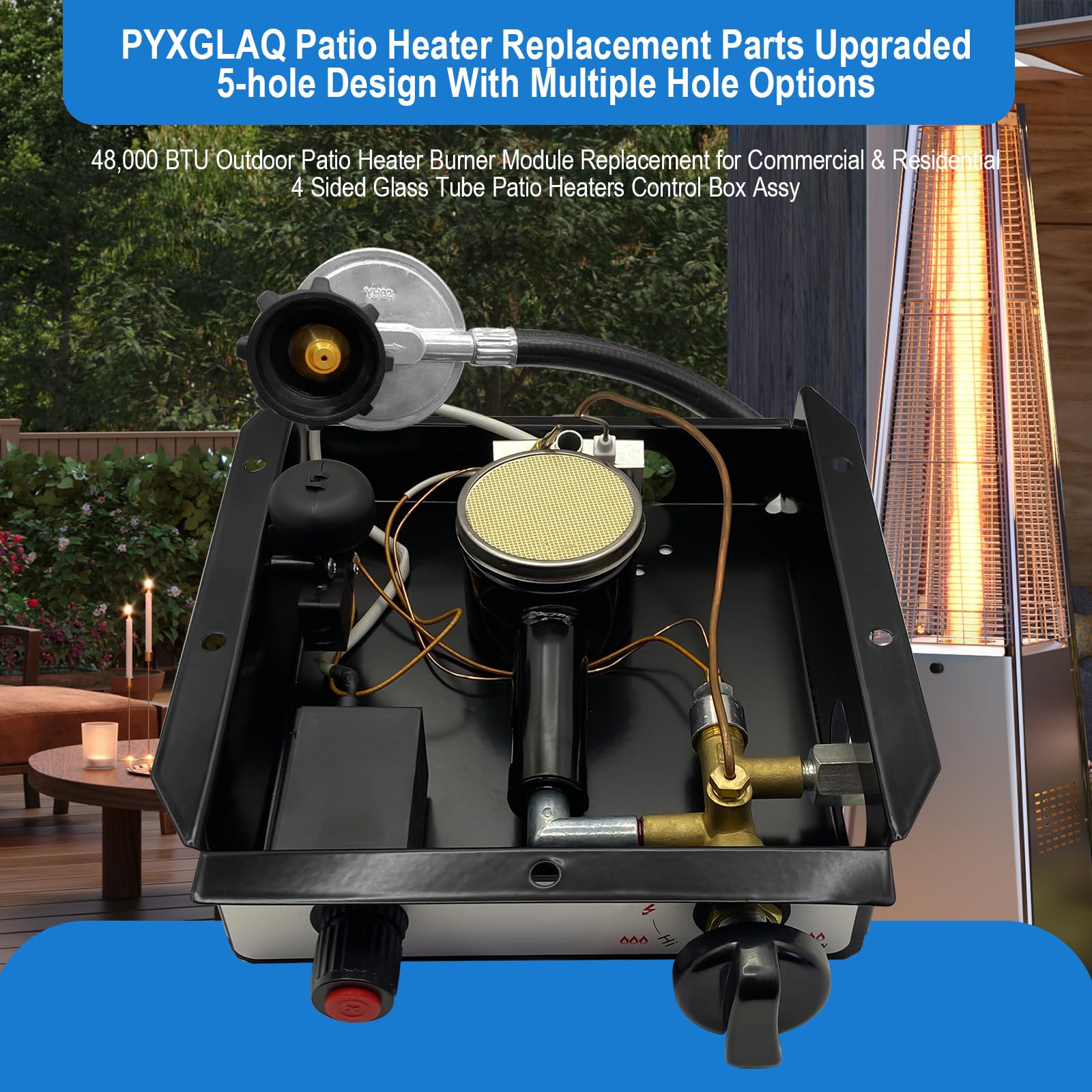 Hiland Square Patio Heater Replacement Parts - 5 Bolt Hole Glass Tube Burner Module with Regulator Valve Assembly | Compatible with Hiland Square Glass Tube Heaters | Perfect for Outdoor Patio, Deck, and Garden Heating