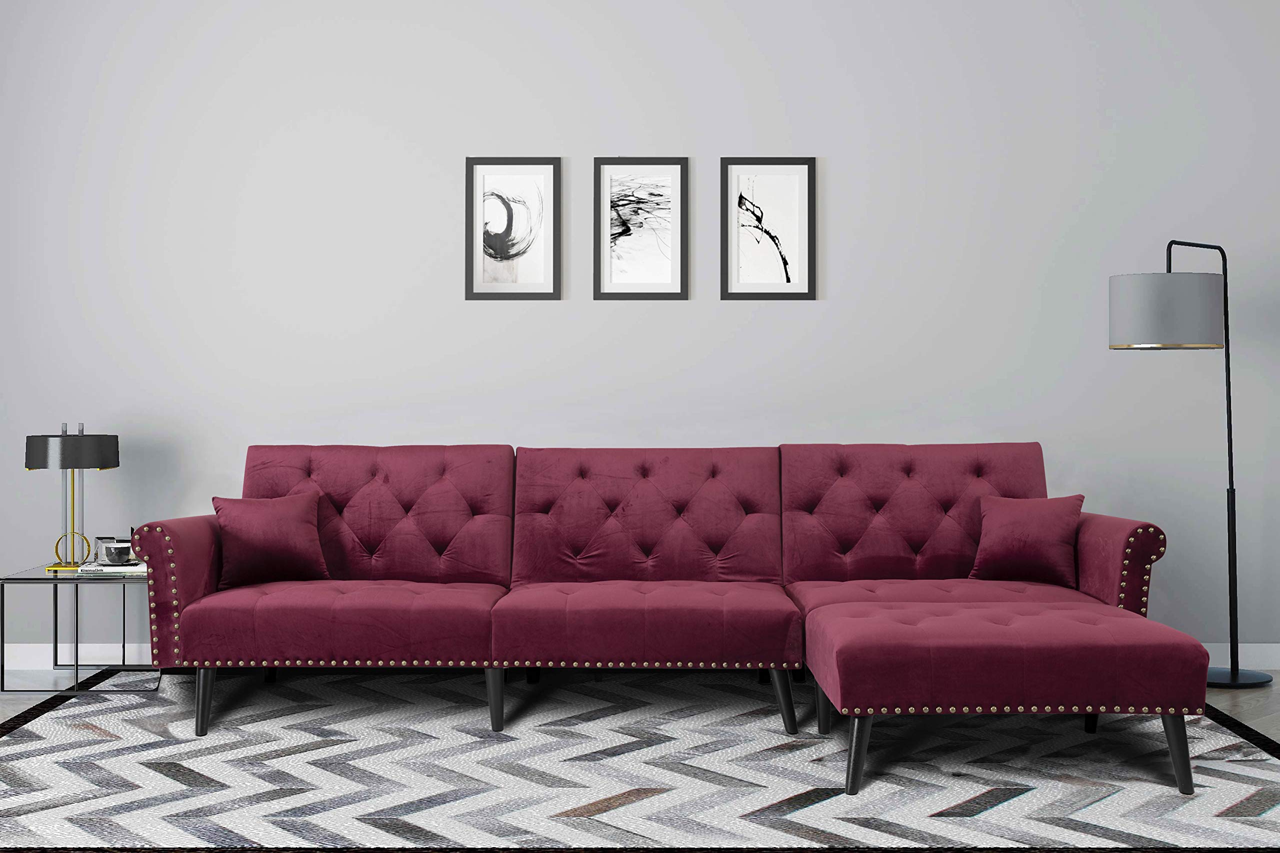 Knowlife Convertible Sectional Sofa Bed with Ottoman & 2 Pillows - Space Saving Sleeper Couch for Small Apartments & Living Rooms (Wine Red) - Perfect for Guest Accommodation, Movie Nights & Compact Spaces