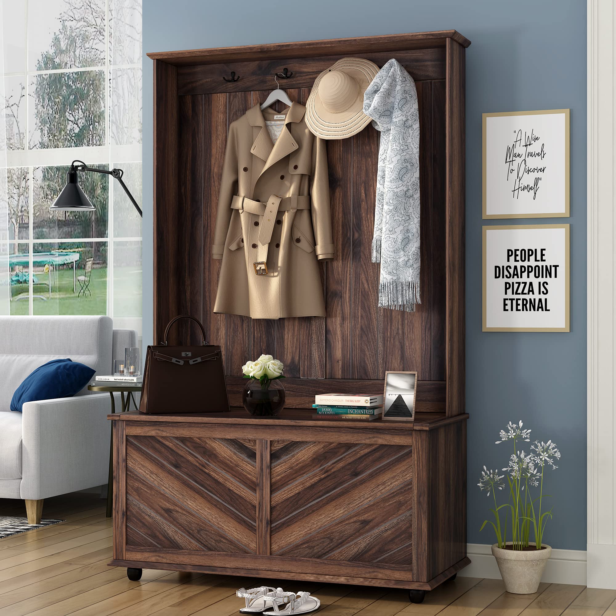 Merax 4-Hook Hall Tree with Coat Hanger & Entryway Storage Bench - 3-in-1 Design for Entrance & Hallway Organization - Perfect for Small Spaces, Mudrooms & Home Entry Decor (Tiger Finish, No Shelves)