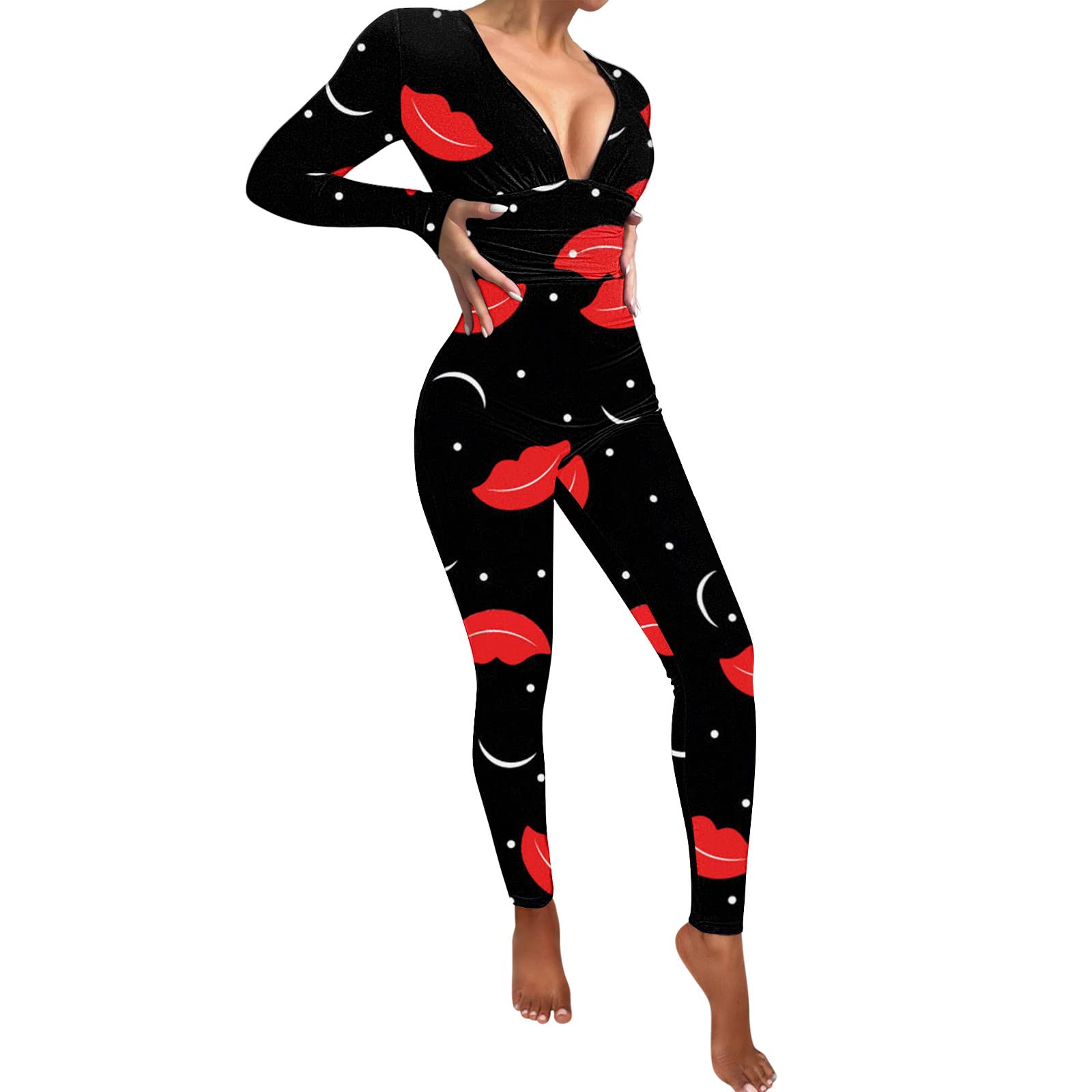 Gemira Women's Soft Long Sleeve V-Neck Printed Jumpsuit - Sexy Lips Bodysuit Romper Playsuit for Casual Wear, Date Night & Party Outfits
