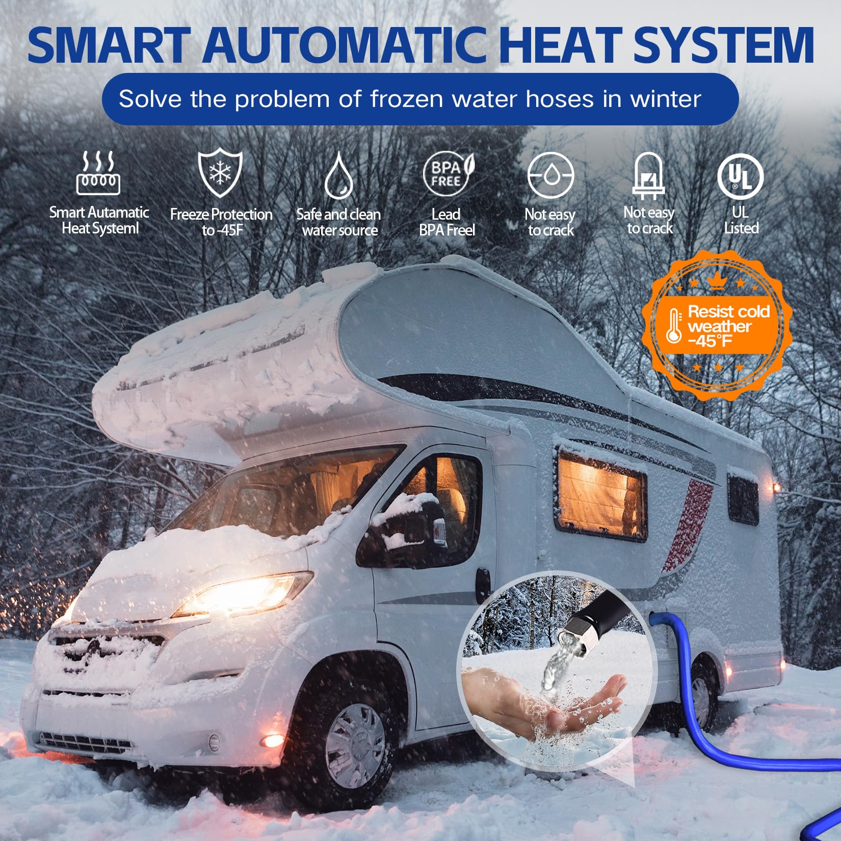 **15FT 25FT 75FT 100FT Heated RV Water Hose -45℉ Freeze Proof, Drinking Safe, Energy Saving Thermostat, 1/2