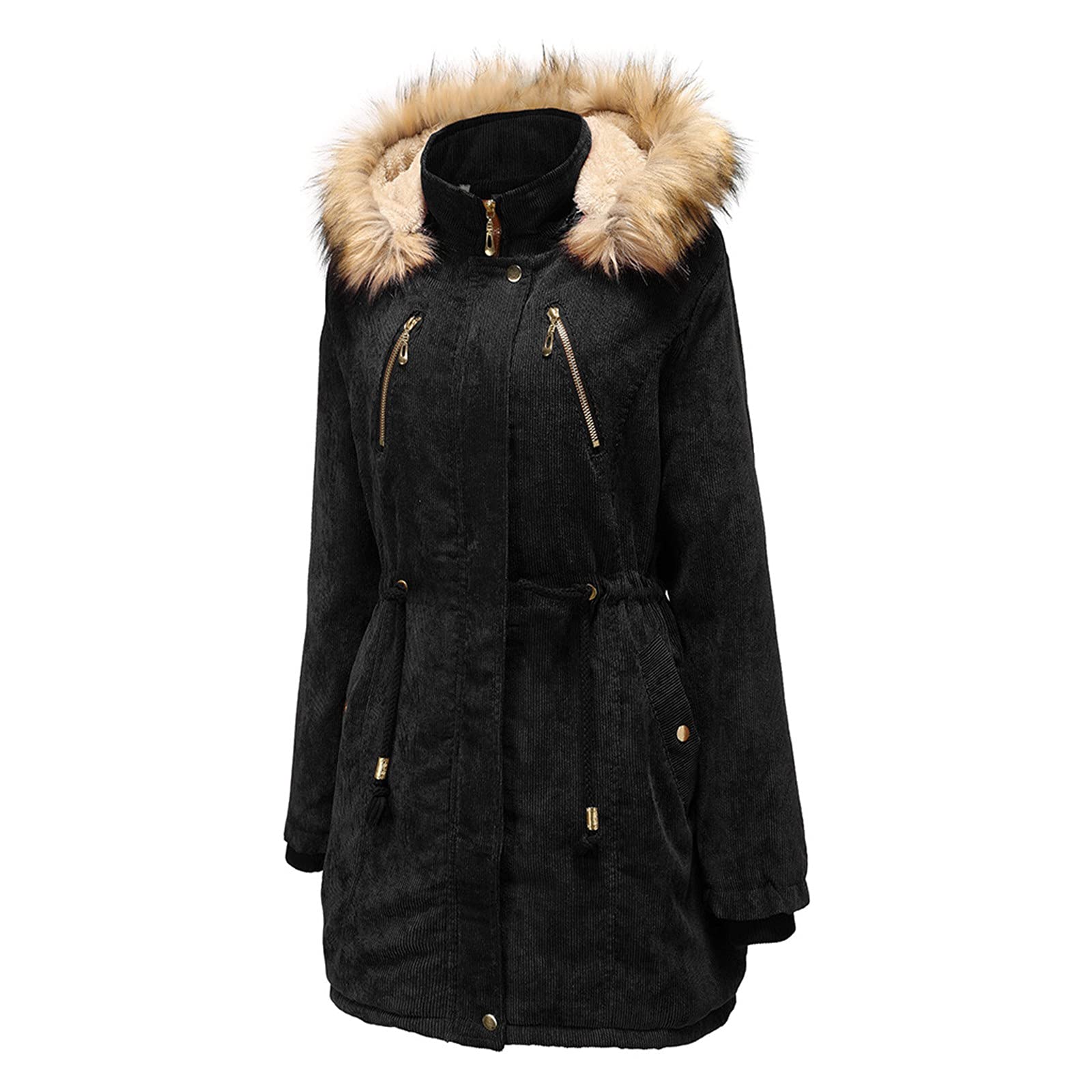 Women's Mid-Length Hooded Winter Jacket - Warm Fleece & Cotton Padded Coat with Fur Collar | Plus Size Winter Outerwear for Cold Weather, Snow & Outdoor Activities