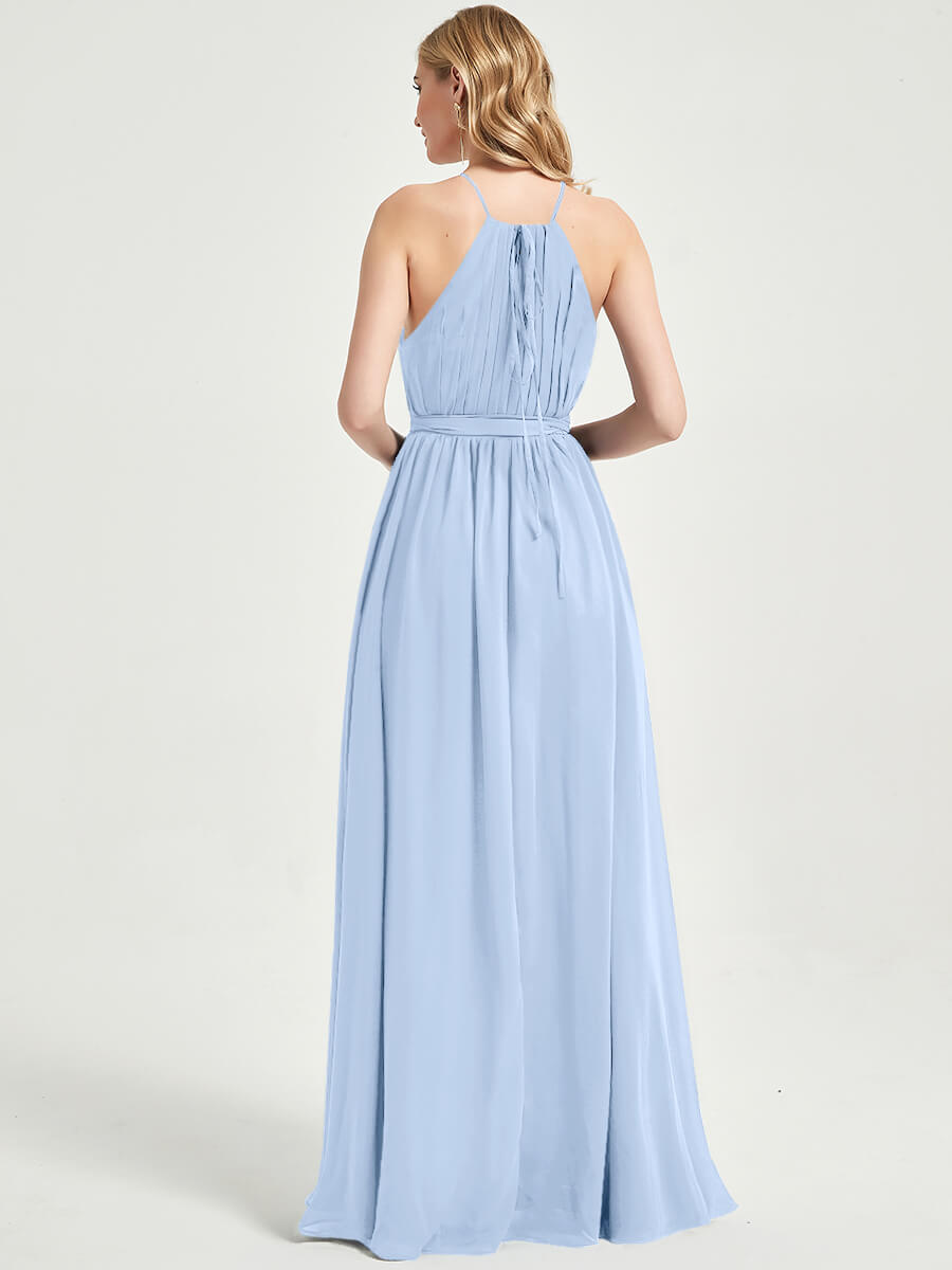 Cornflower Blue Halter Slit Wrap Chiffon Bridesmaid Dress Floor Length - Elegant Formal Gown for Weddings, Prom, Evening Parties & Special Occasions