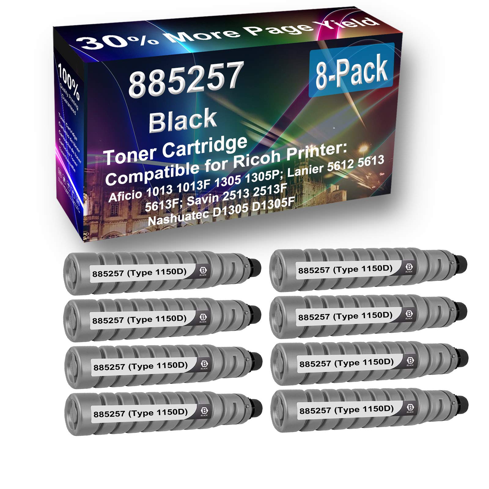 8-Pack High Yield 5612/5613/5613F Compatible Toner Cartridge Replacement for Ricoh 885257 (Type 1150D) - Black Printer Ink for Office & Home Printing, Documents, Reports & Presentations